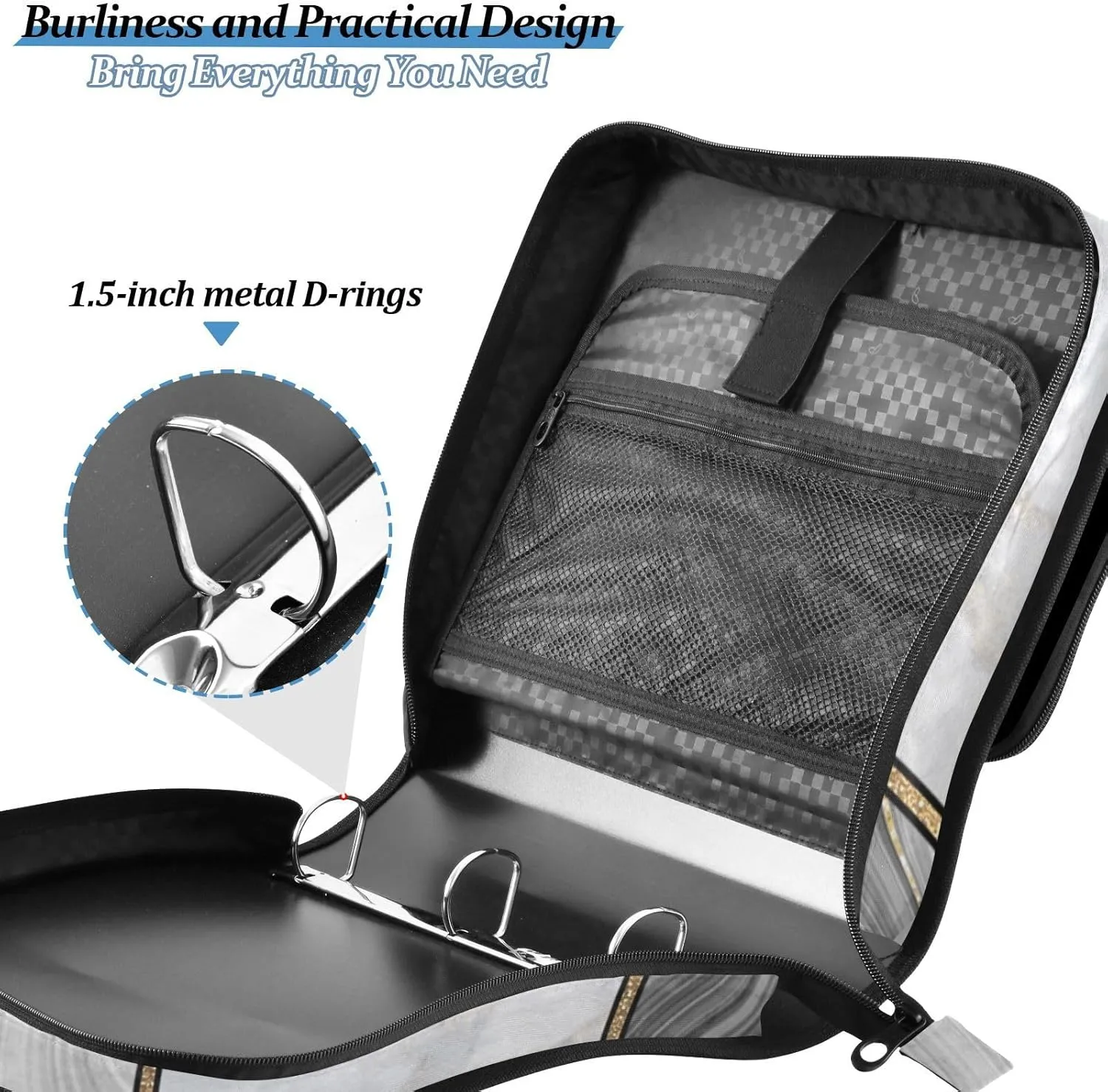 Portfolio & Case 3 Ring Binders, Organizer Trapper Keeper 500 Sheets for Office Zipper Shoulder Padfolios Bag Marble Granite Agate Black Grey Gold Art Paint Marble Triangle