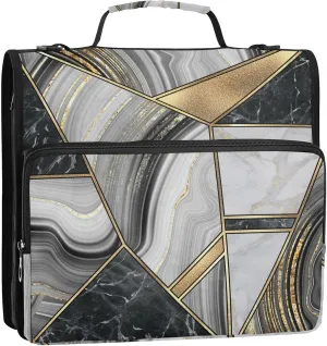 Portfolio & Case 3 Ring Binders, Organizer Trapper Keeper 500 Sheets for Office Zipper Shoulder Padfolios Bag Marble Granite Agate Black Grey Gold Art Paint Marble Triangle