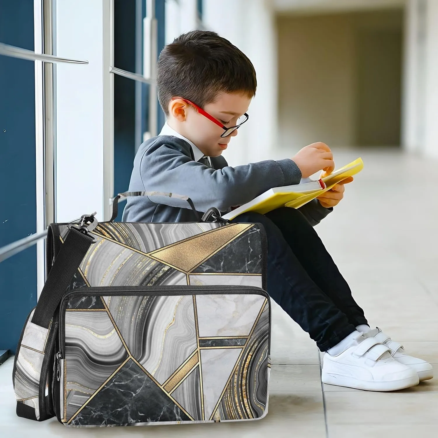 Portfolio & Case 3 Ring Binders, Organizer Trapper Keeper 500 Sheets for Office Zipper Shoulder Padfolios Bag Marble Granite Agate Black Grey Gold Art Paint Marble Triangle