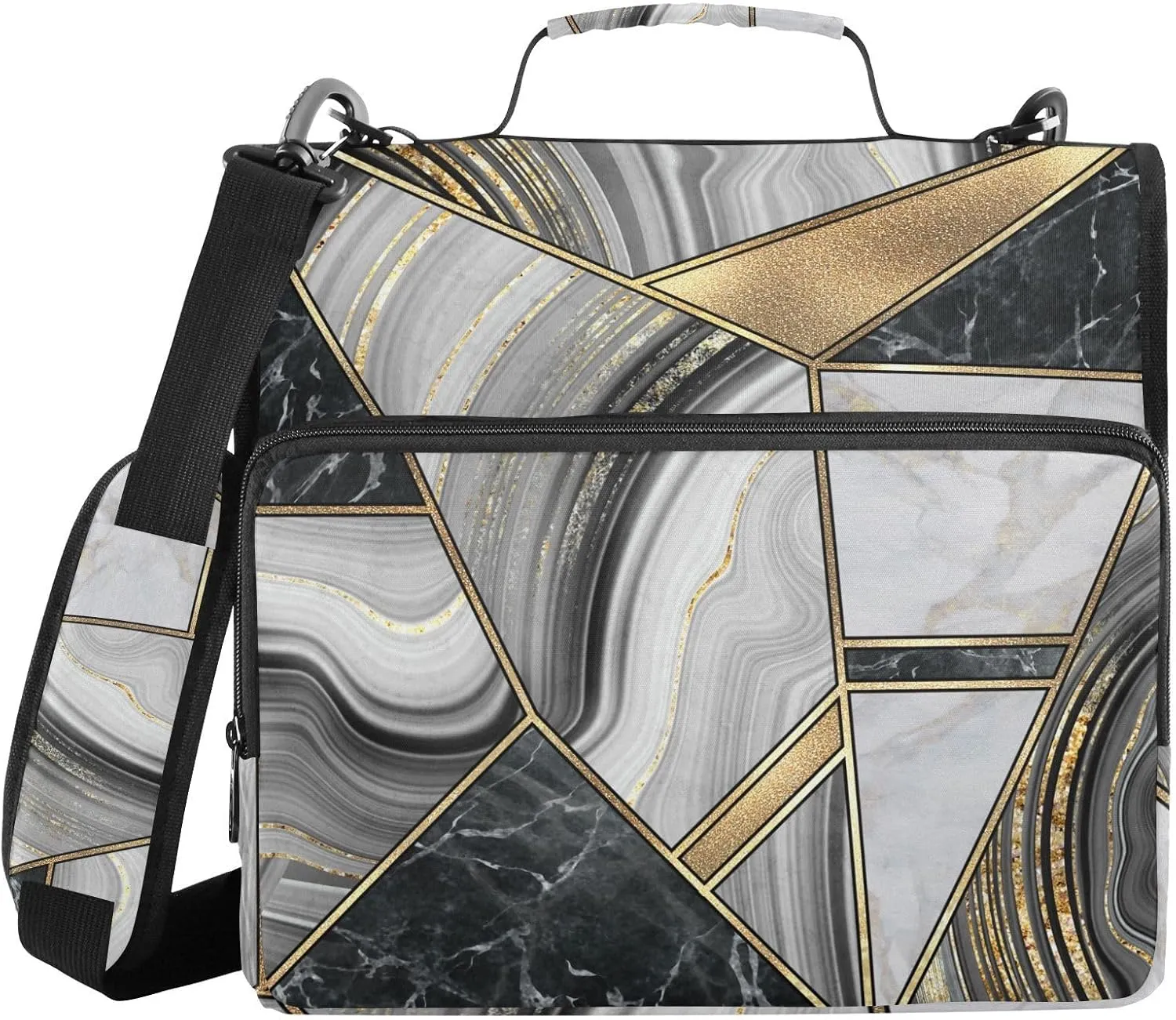 Portfolio & Case 3 Ring Binders, Organizer Trapper Keeper 500 Sheets for Office Zipper Shoulder Padfolios Bag Marble Granite Agate Black Grey Gold Art Paint Marble Triangle