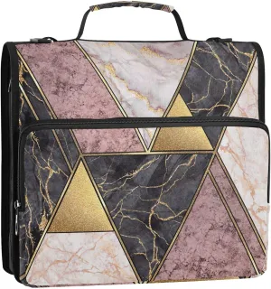 Portfolio & Case 3 Ring Binders, Organizer Trapper Keeper 500 Sheets for Office Zipper Shoulder Padfolios Bag Marble Granite Agate Purple Pink Gold Black Art Paint Triangle