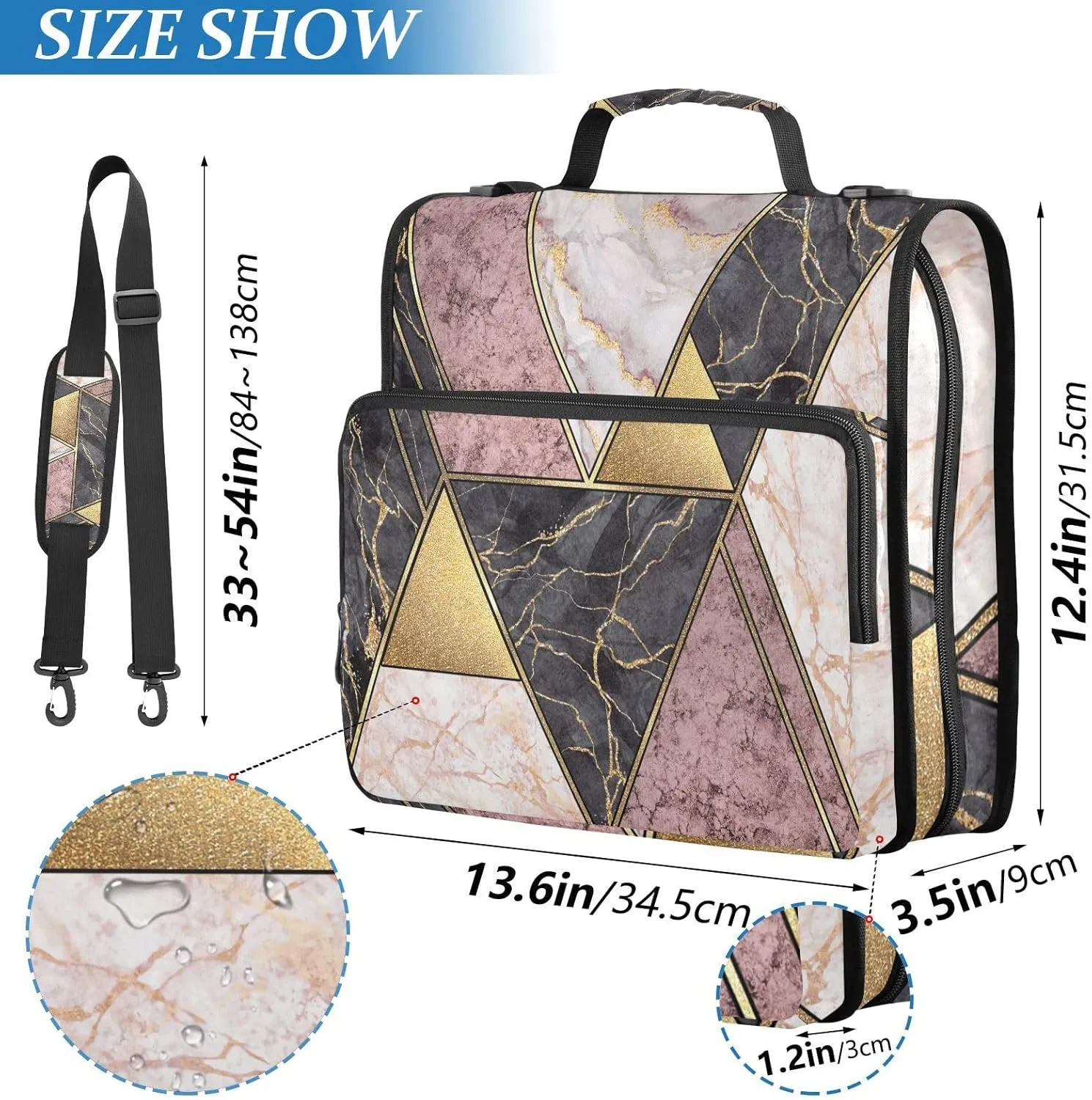 Portfolio & Case 3 Ring Binders, Organizer Trapper Keeper 500 Sheets for Office Zipper Shoulder Padfolios Bag Marble Granite Agate Purple Pink Gold Black Art Paint Triangle