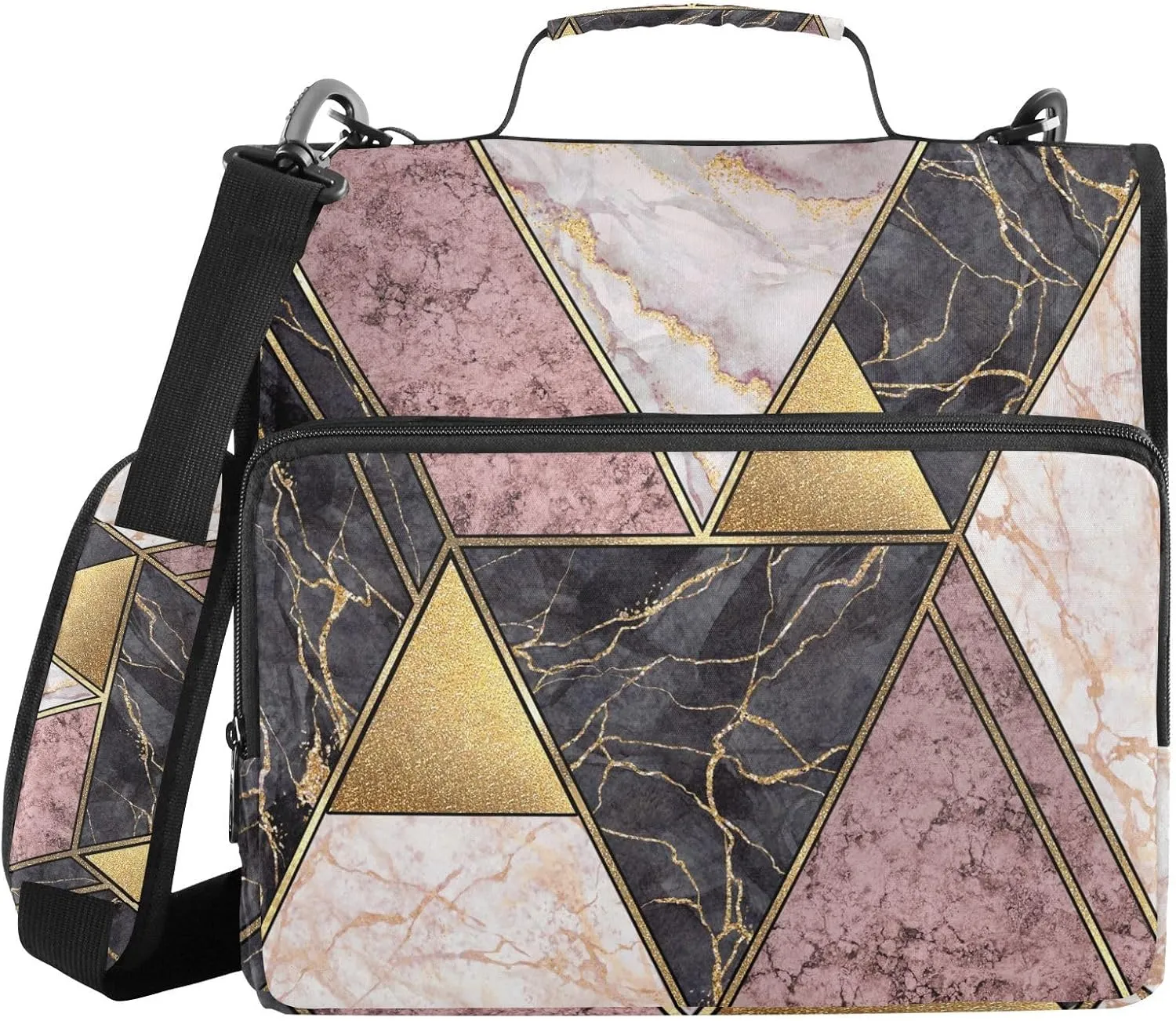 Portfolio & Case 3 Ring Binders, Organizer Trapper Keeper 500 Sheets for Office Zipper Shoulder Padfolios Bag Marble Granite Agate Purple Pink Gold Black Art Paint Triangle