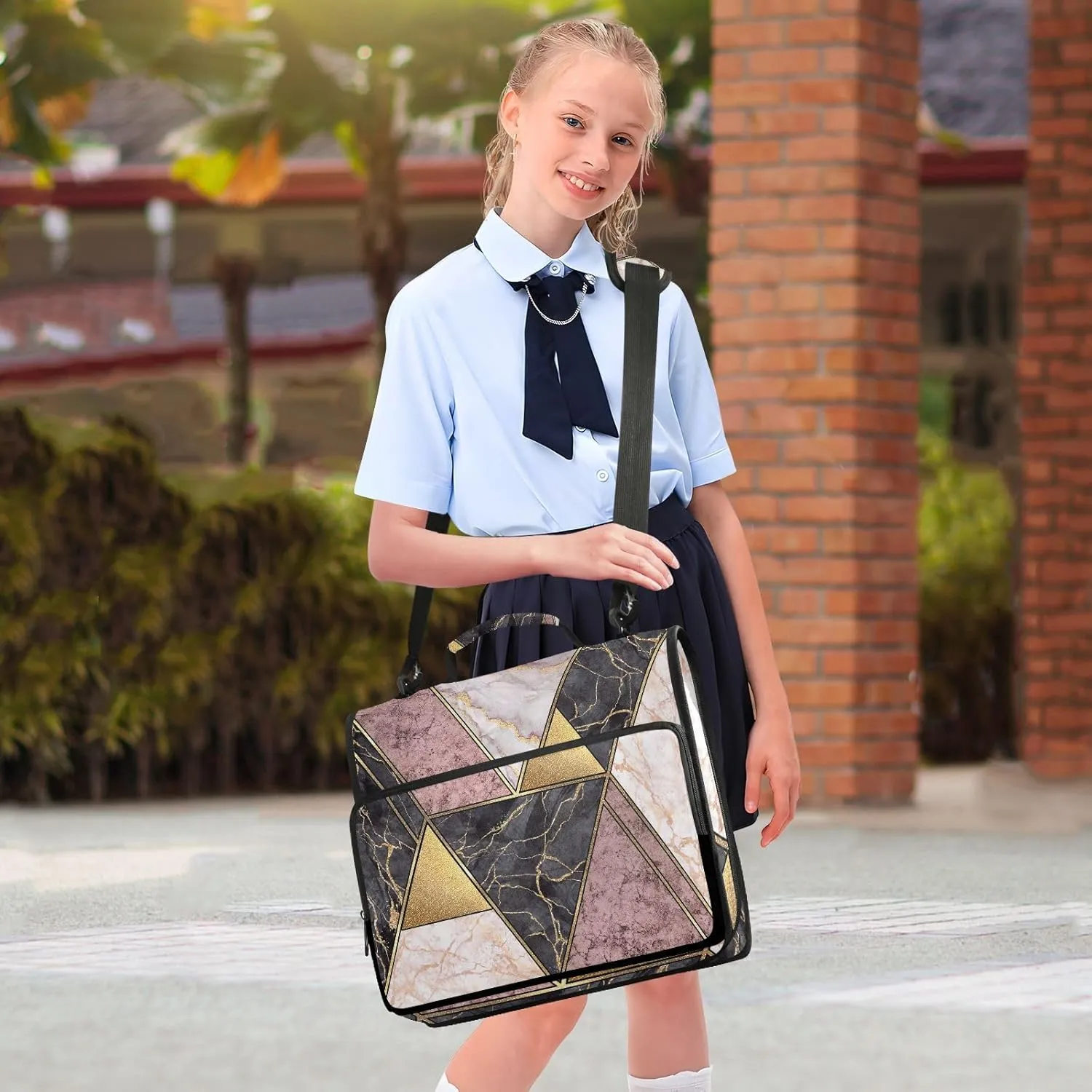 Portfolio & Case 3 Ring Binders, Organizer Trapper Keeper 500 Sheets for Office Zipper Shoulder Padfolios Bag Marble Granite Agate Purple Pink Gold Black Art Paint Triangle