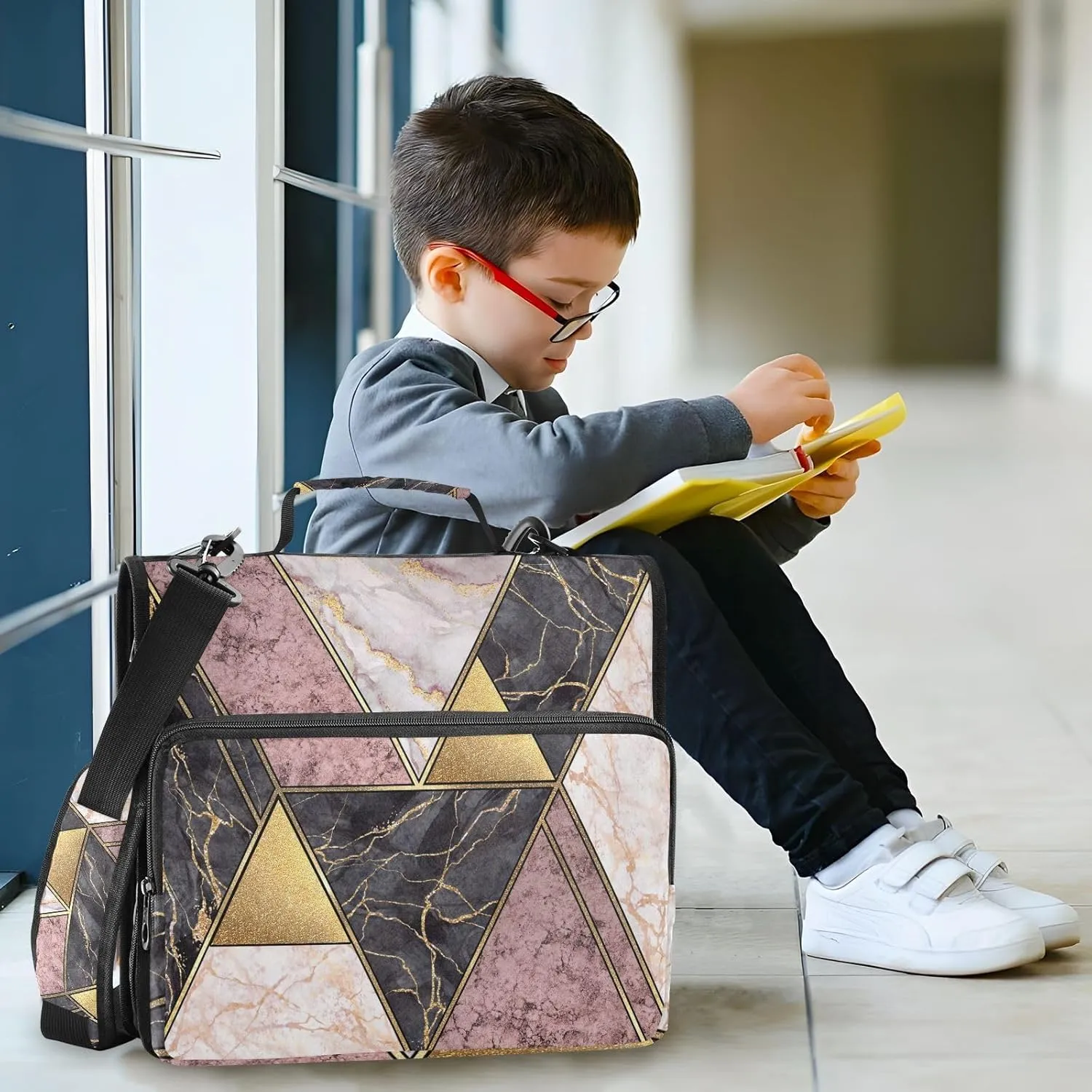 Portfolio & Case 3 Ring Binders, Organizer Trapper Keeper 500 Sheets for Office Zipper Shoulder Padfolios Bag Marble Granite Agate Purple Pink Gold Black Art Paint Triangle