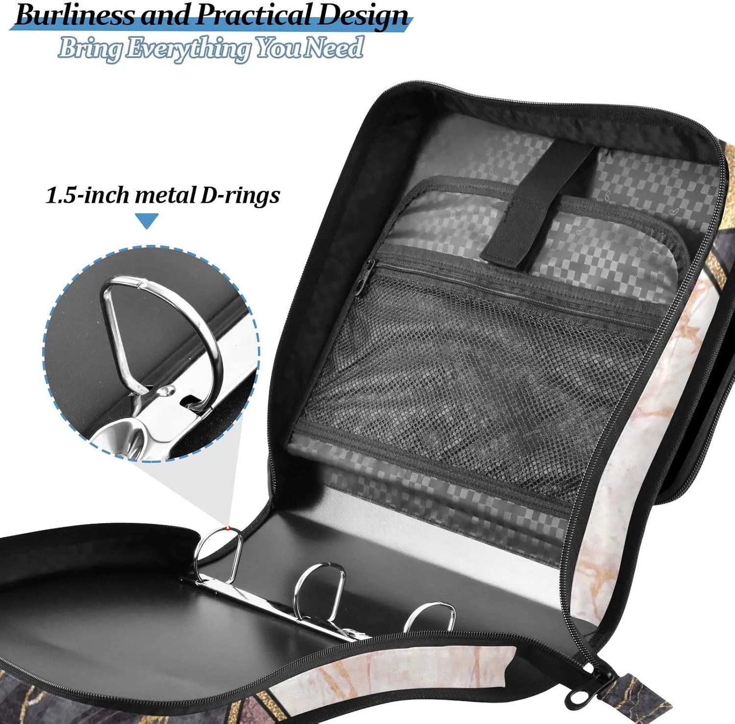 Portfolio & Case 3 Ring Binders, Organizer Trapper Keeper 500 Sheets for Office Zipper Shoulder Padfolios Bag Marble Granite Agate Purple Pink Gold Black Art Paint Triangle