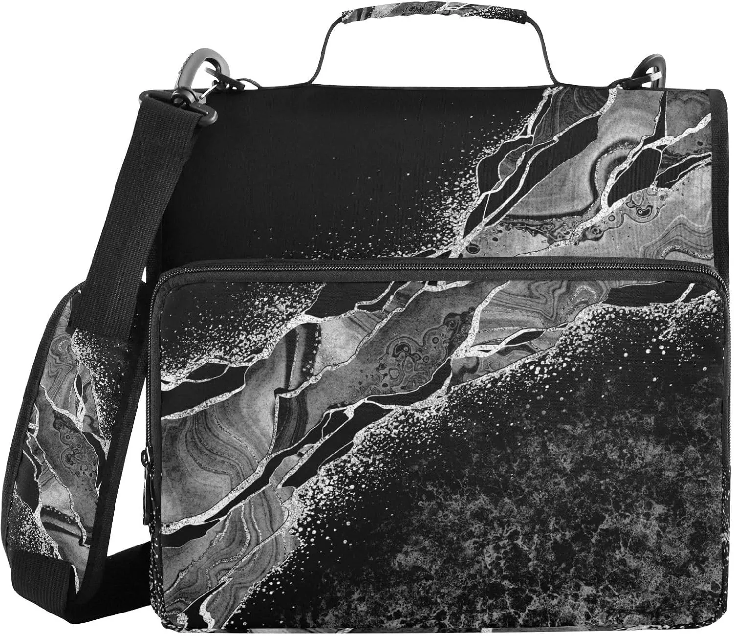 Portfolio & Case 3 Ring Binders, Organizer Trapper Keeper 500 Sheets for Office Zipper Shoulder Padfolios Bag Marble Green Malachite with Silver White Veins Gold Spots