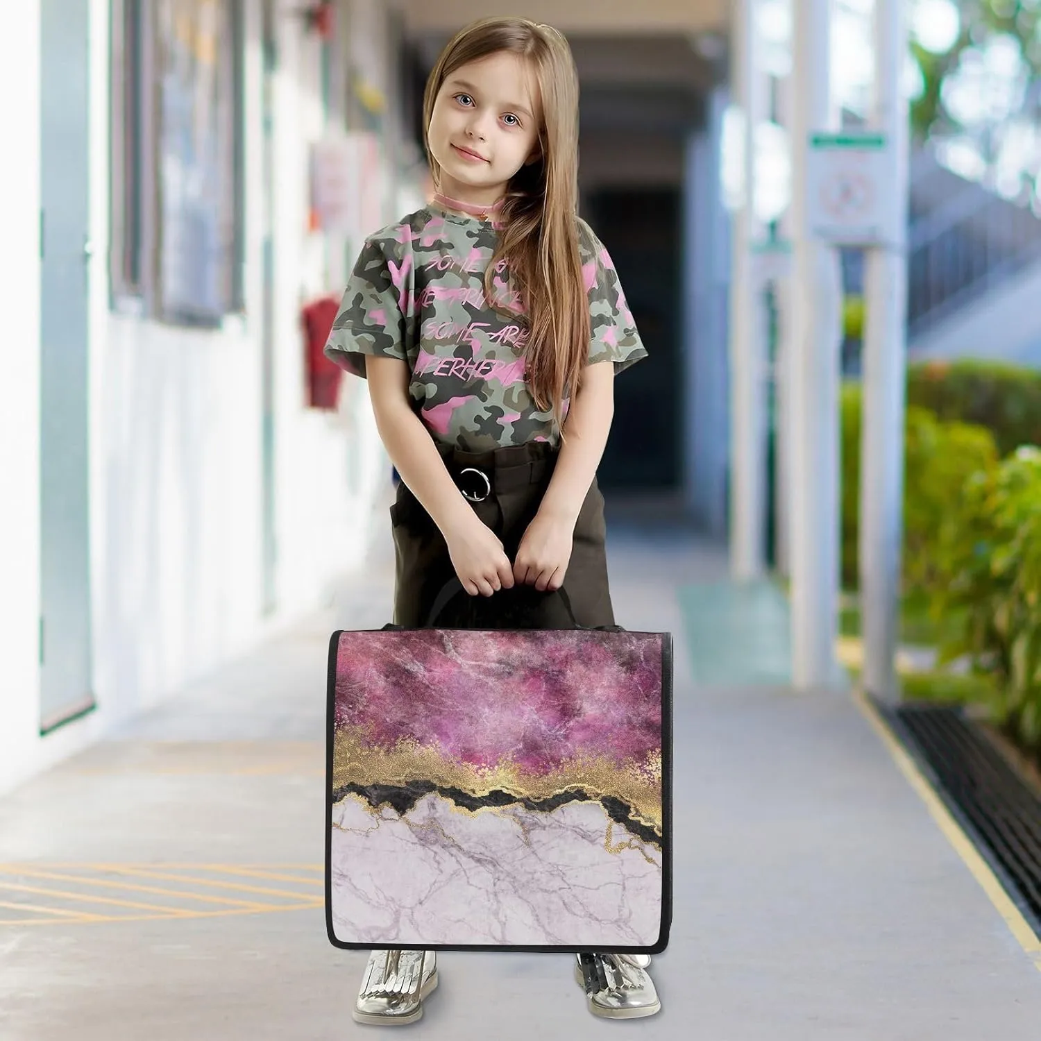 Portfolio & Case 3 Ring Binders, Organizer Trapper Keeper 500 Sheets for Office Zipper Shoulder Padfolios Bag Marble with Gold Veins Stone Texture Golden foil Glitter Marbling