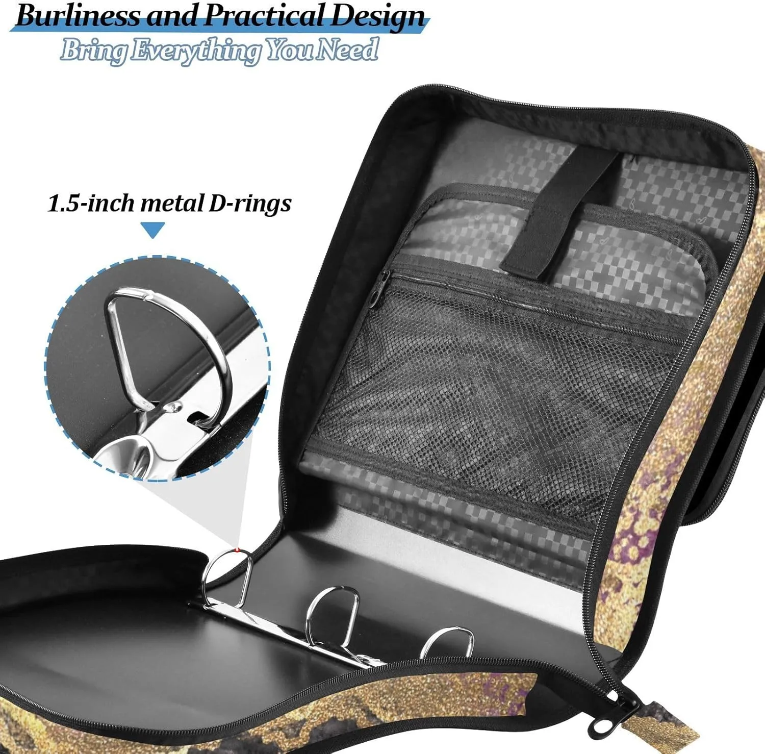 Portfolio & Case 3 Ring Binders, Organizer Trapper Keeper 500 Sheets for Office Zipper Shoulder Padfolios Bag Marble with Gold Veins Stone Texture Golden foil Glitter Marbling