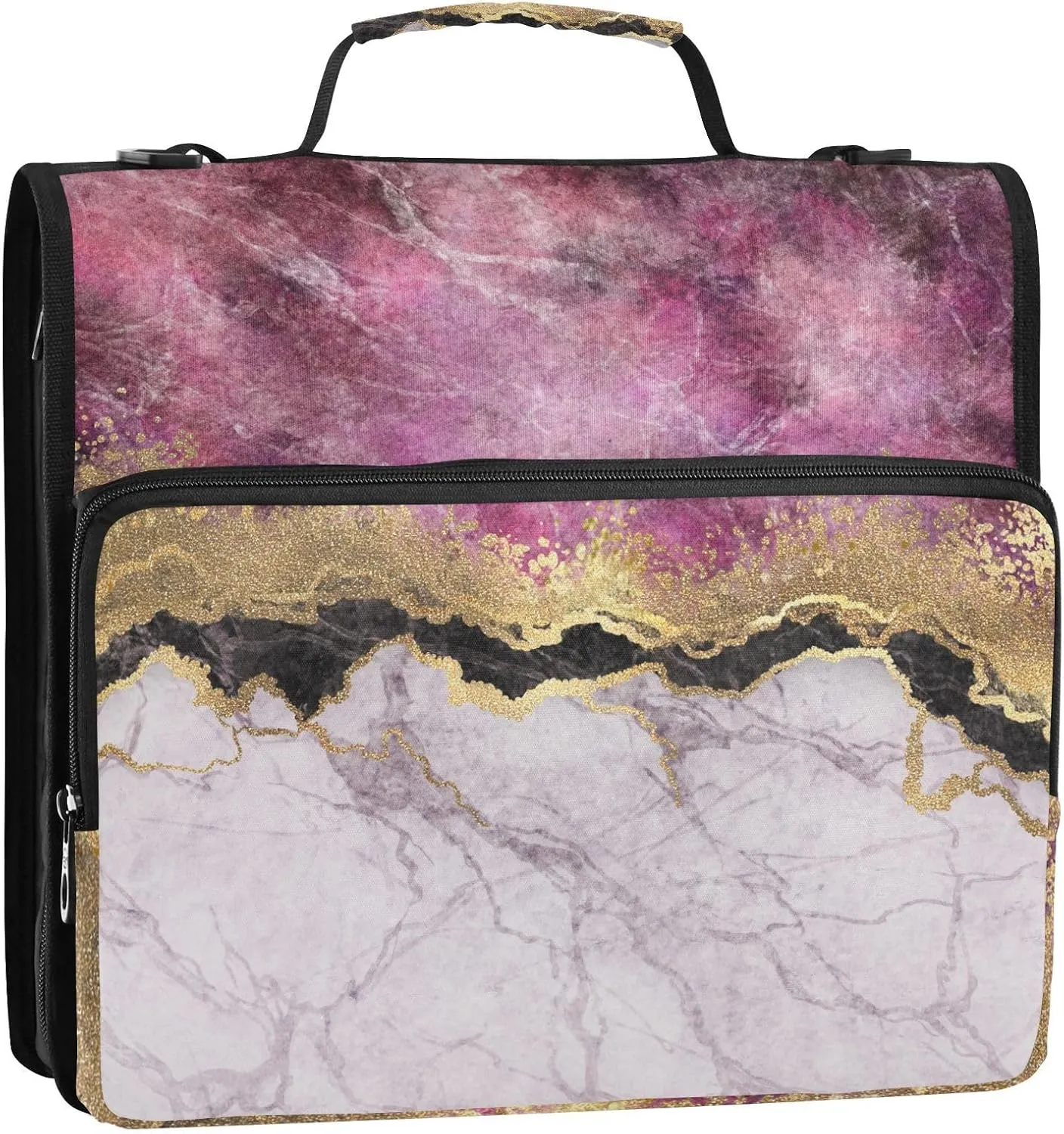 Portfolio & Case 3 Ring Binders, Organizer Trapper Keeper 500 Sheets for Office Zipper Shoulder Padfolios Bag Marble with Gold Veins Stone Texture Golden foil Glitter Marbling