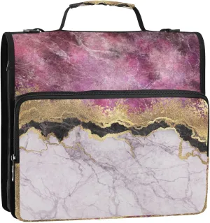Portfolio & Case 3 Ring Binders, Organizer Trapper Keeper 500 Sheets for Office Zipper Shoulder Padfolios Bag Marble with Gold Veins Stone Texture Golden foil Glitter Marbling