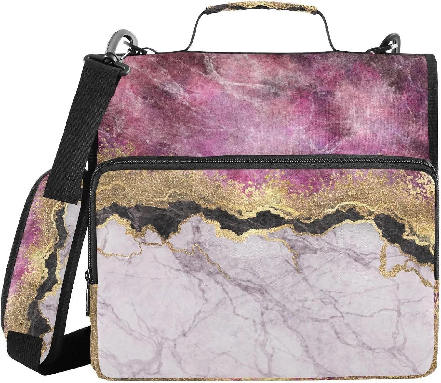 Portfolio & Case 3 Ring Binders, Organizer Trapper Keeper 500 Sheets for Office Zipper Shoulder Padfolios Bag Marble with Gold Veins Stone Texture Golden foil Glitter Marbling