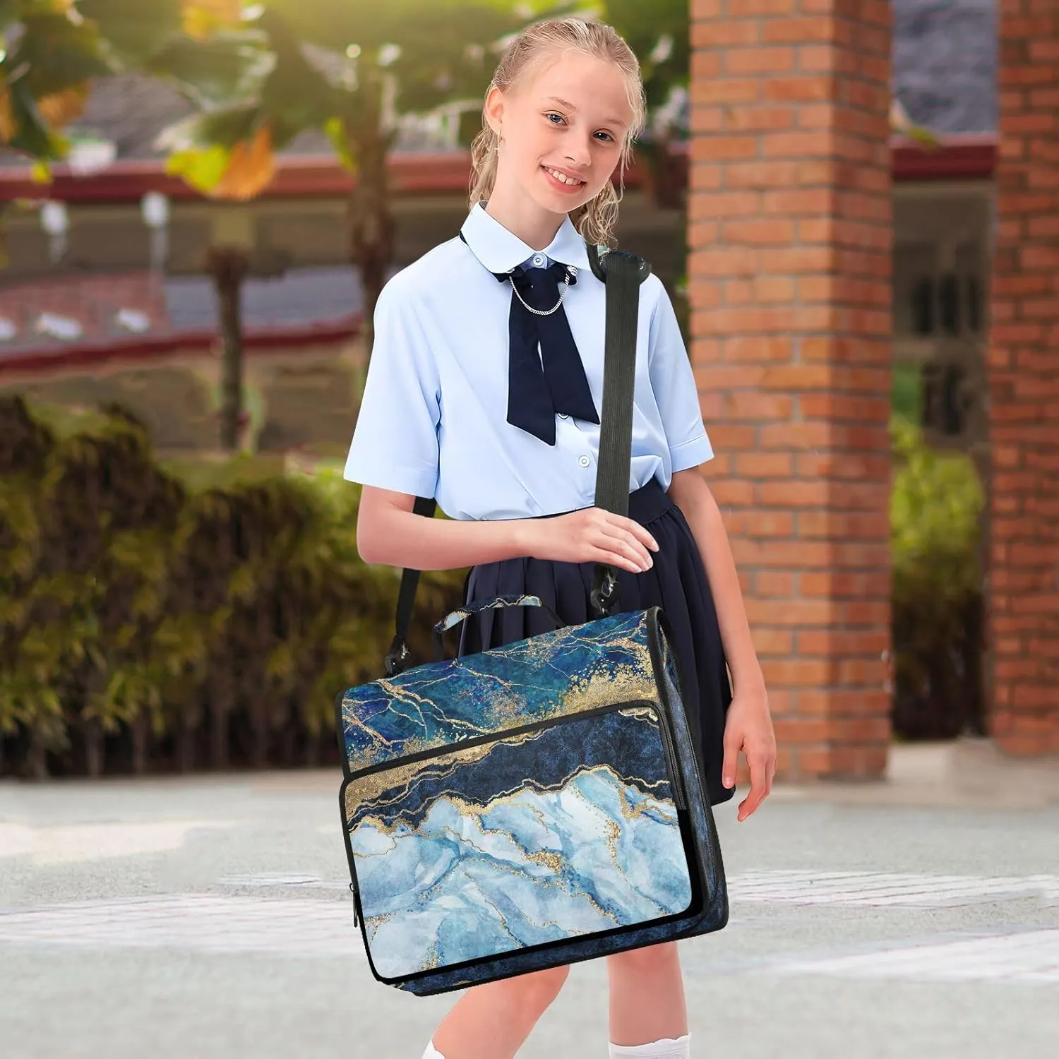 Portfolio & Case 3 Ring Binders, Organizer Trapper Keeper 500 Sheets for Office Zipper Shoulder Padfolios Bag Marble with Gold Veins Stone Texture Golden Foils Glitter