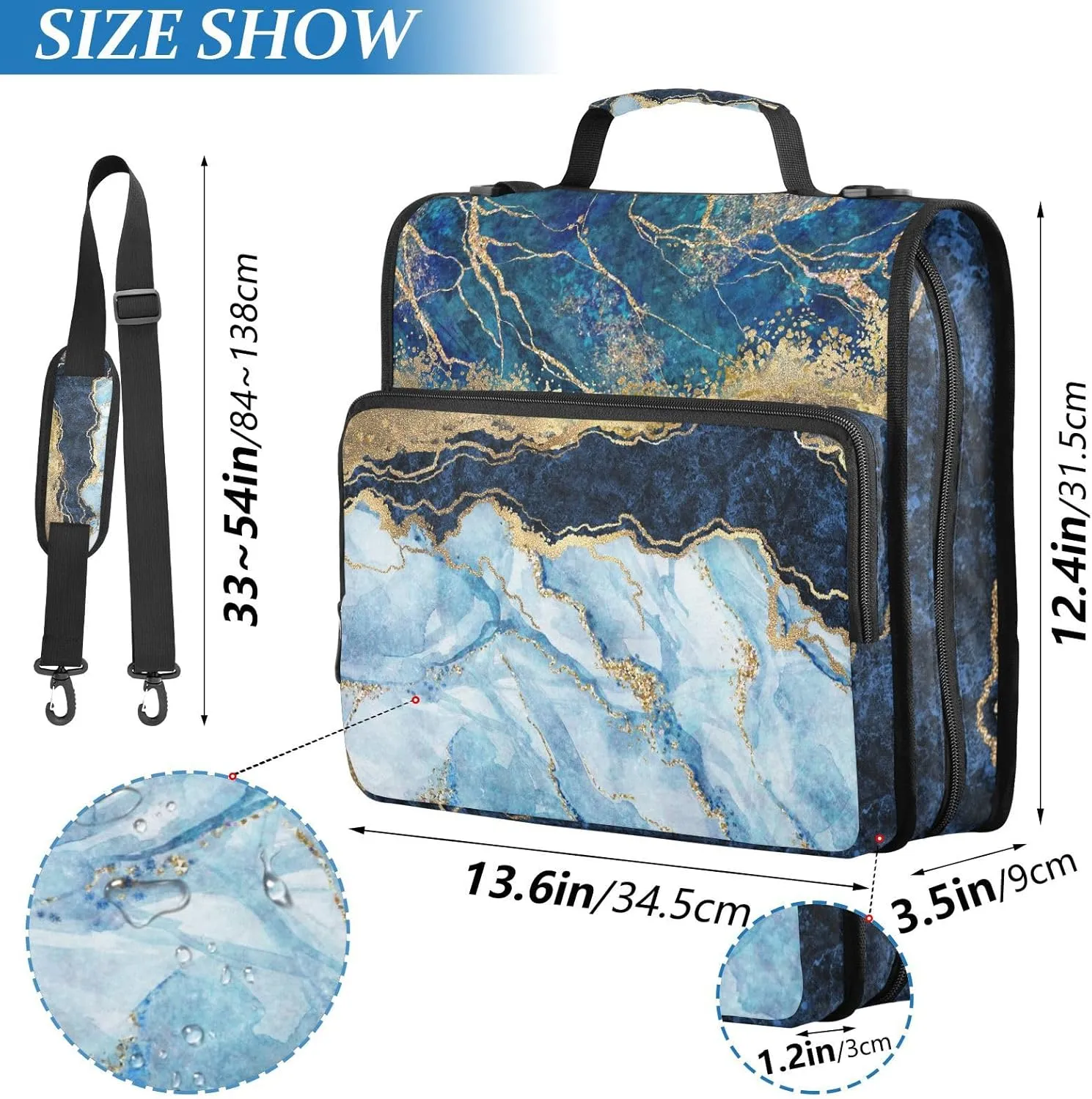 Portfolio & Case 3 Ring Binders, Organizer Trapper Keeper 500 Sheets for Office Zipper Shoulder Padfolios Bag Marble with Gold Veins Stone Texture Golden Foils Glitter