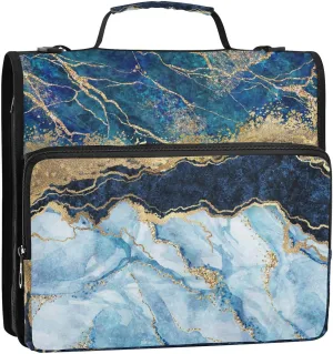 Portfolio & Case 3 Ring Binders, Organizer Trapper Keeper 500 Sheets for Office Zipper Shoulder Padfolios Bag Marble with Gold Veins Stone Texture Golden Foils Glitter