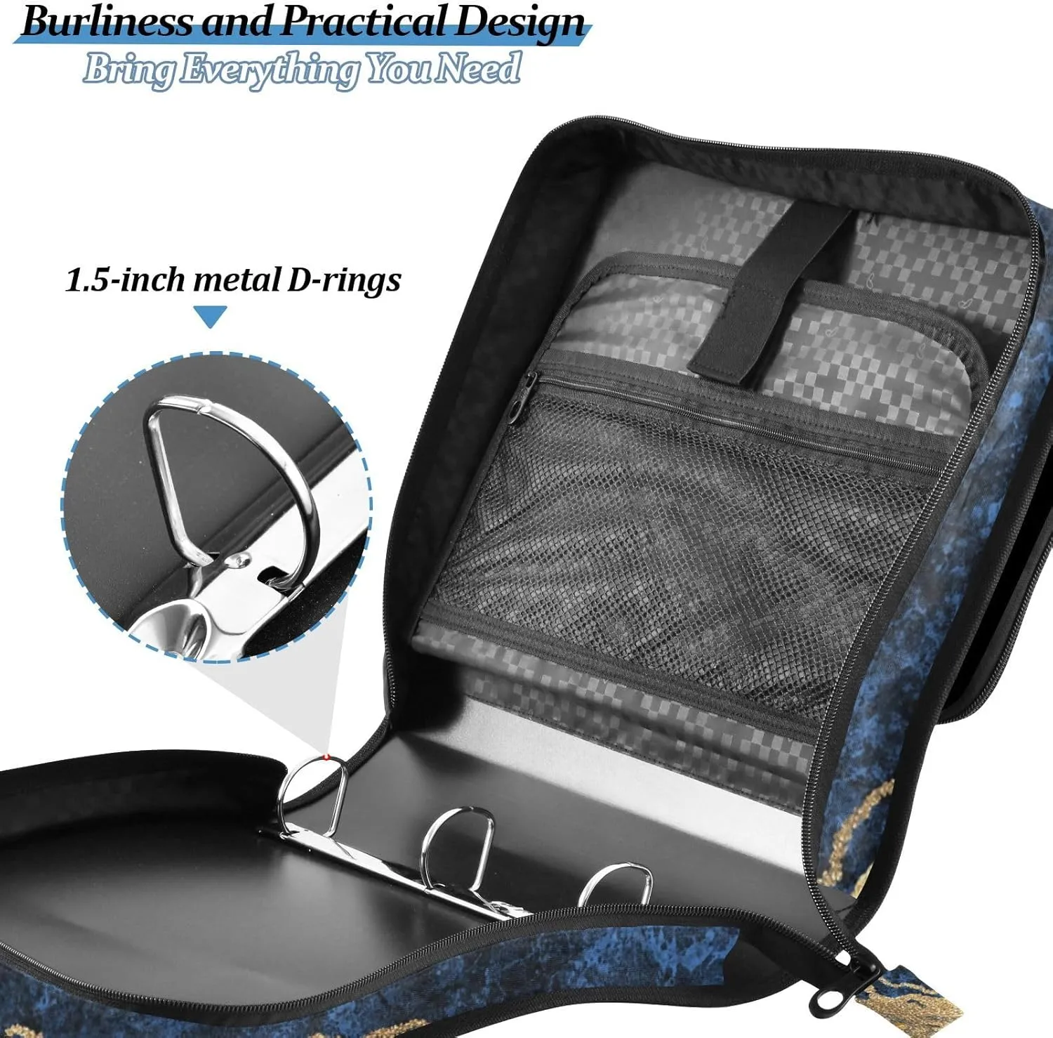 Portfolio & Case 3 Ring Binders, Organizer Trapper Keeper 500 Sheets for Office Zipper Shoulder Padfolios Bag Marble with Gold Veins Stone Texture Golden Foils Glitter
