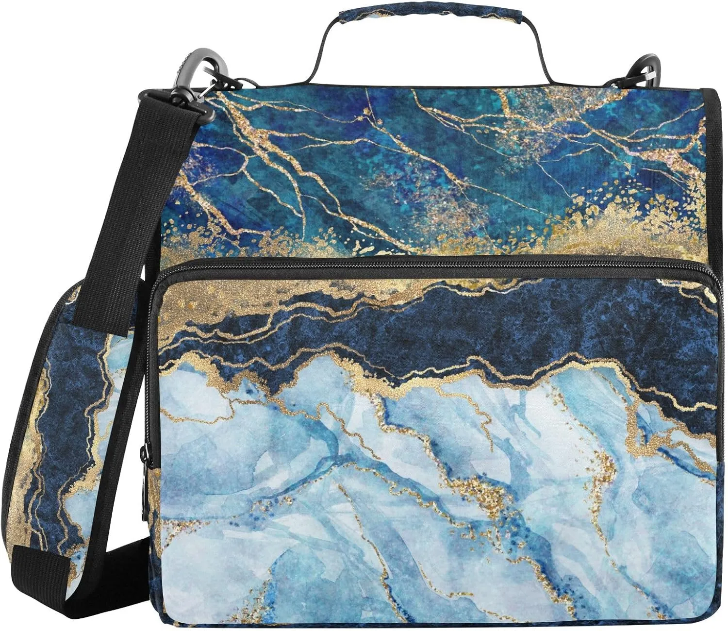 Portfolio & Case 3 Ring Binders, Organizer Trapper Keeper 500 Sheets for Office Zipper Shoulder Padfolios Bag Marble with Gold Veins Stone Texture Golden Foils Glitter