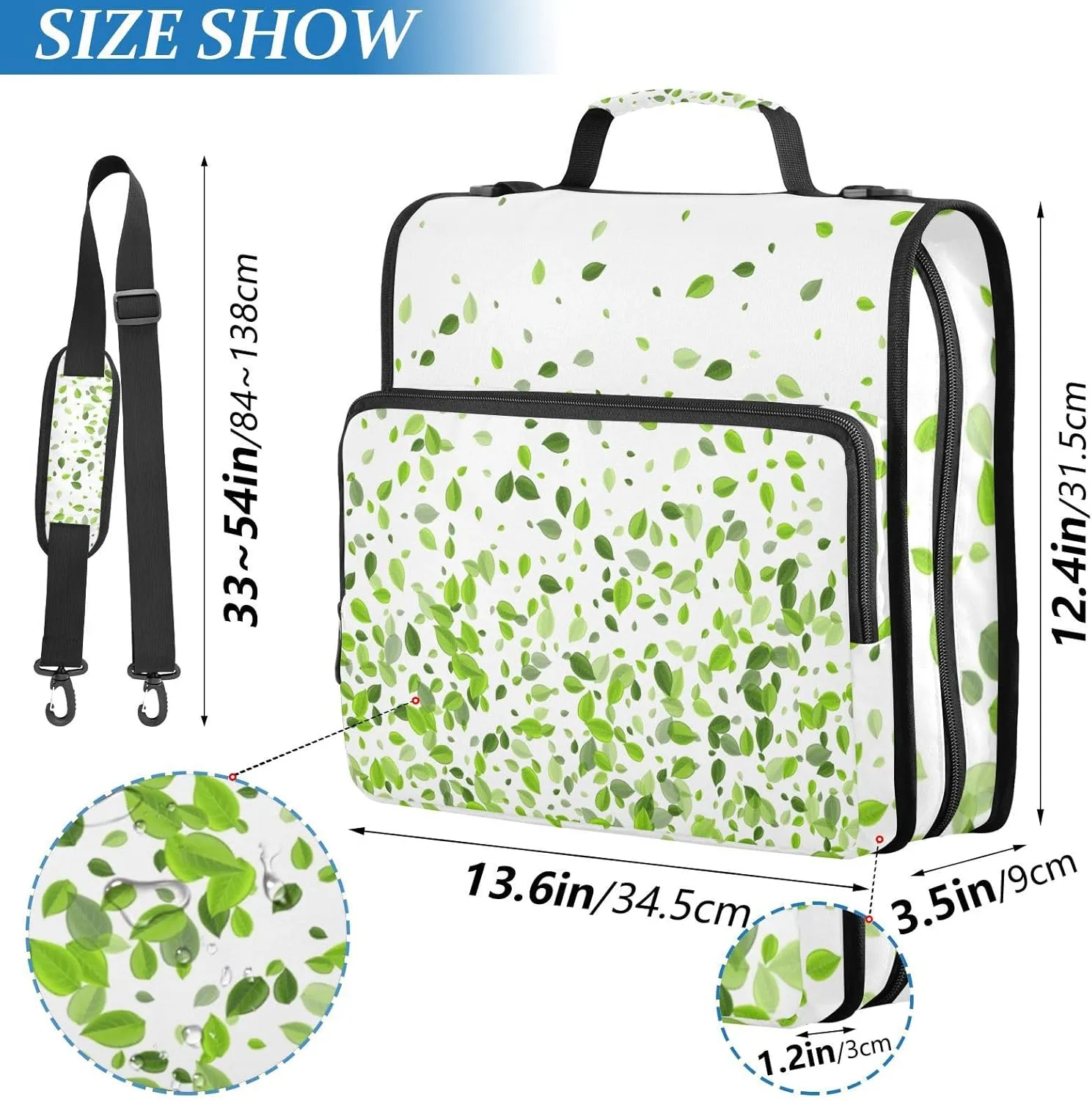 Portfolio & Case 3 Ring Binders, Organizer Trapper Keeper 500 Sheets for Office Zipper Shoulder Padfolios Bag Mint Leaf Tea Leaves Falling Green Leaves Swamp Leaves on White