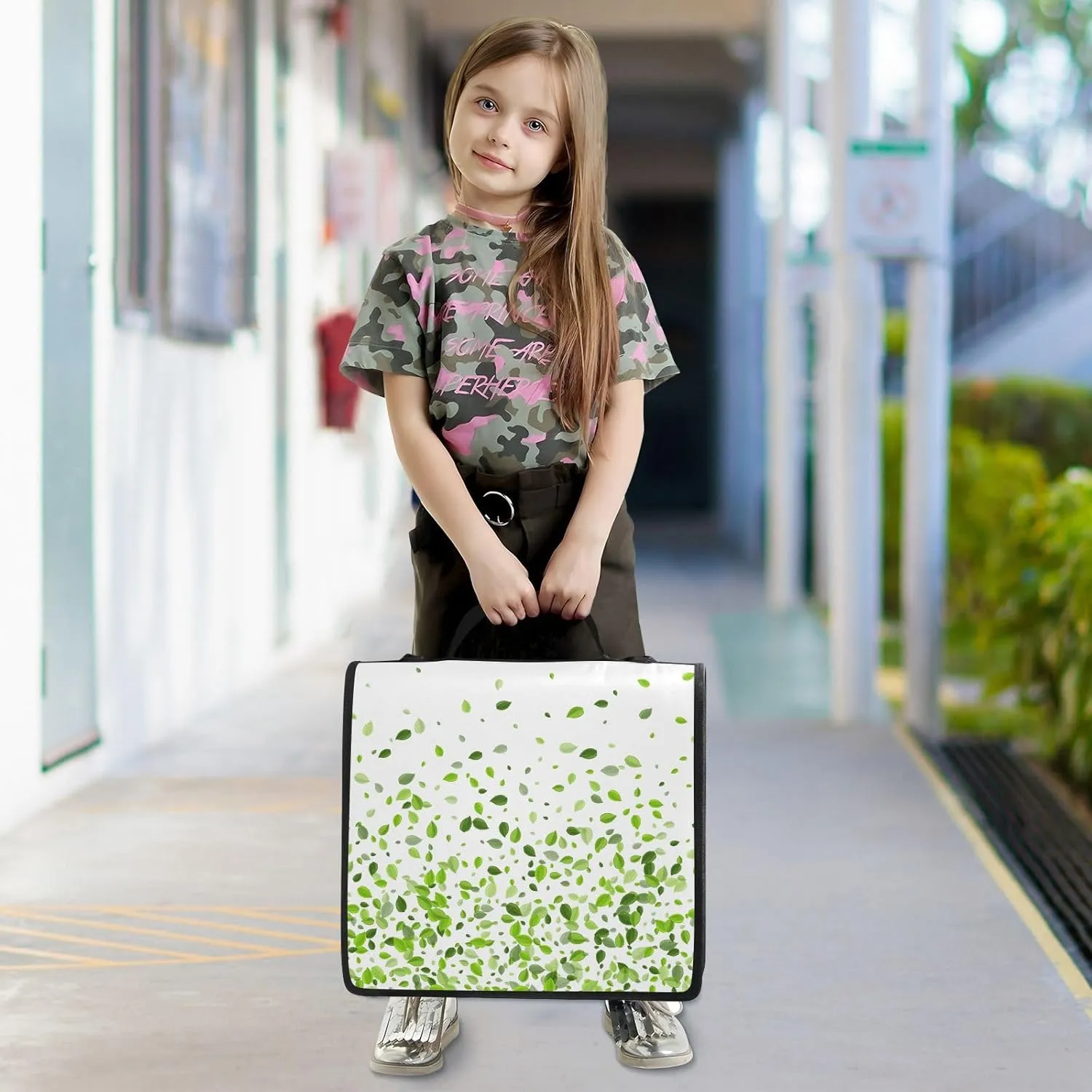 Portfolio & Case 3 Ring Binders, Organizer Trapper Keeper 500 Sheets for Office Zipper Shoulder Padfolios Bag Mint Leaf Tea Leaves Falling Green Leaves Swamp Leaves on White