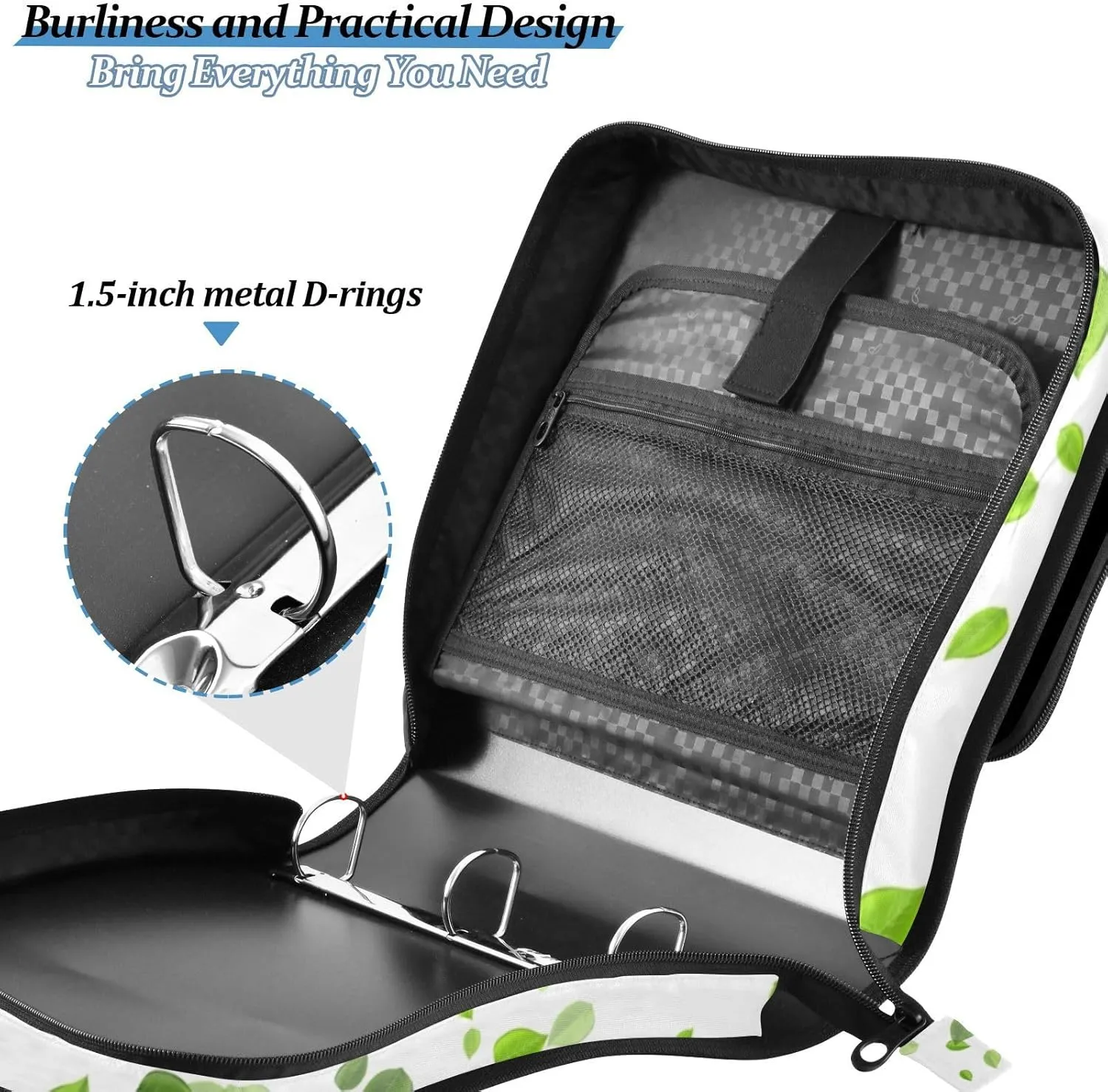 Portfolio & Case 3 Ring Binders, Organizer Trapper Keeper 500 Sheets for Office Zipper Shoulder Padfolios Bag Mint Leaf Tea Leaves Falling Green Leaves Swamp Leaves on White