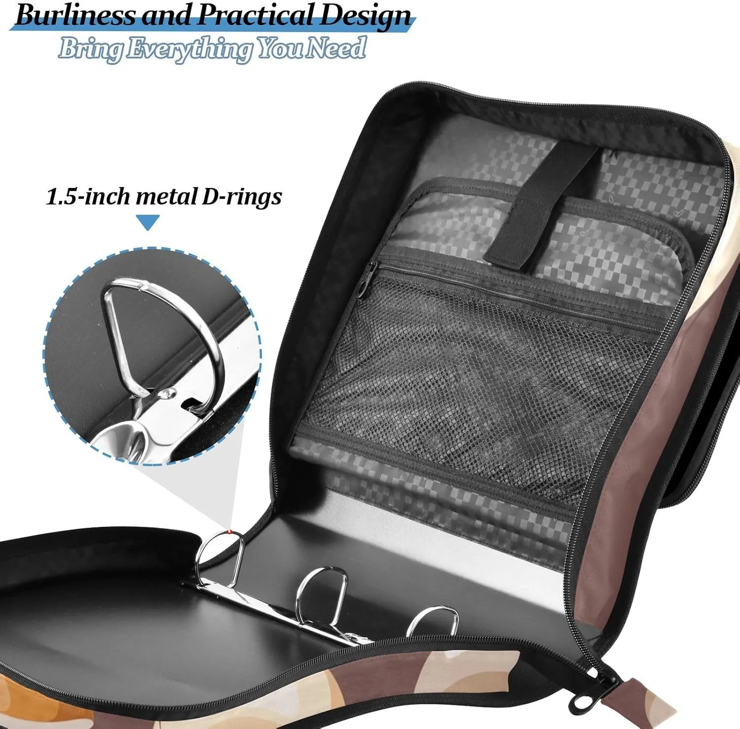 Portfolio & Case 3 Ring Binders, Organizer Trapper Keeper 500 Sheets for Office Zipper Shoulder Padfolios Bag Natural Fungus Organic Food on Brown