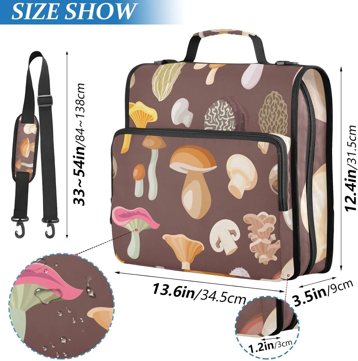 Portfolio & Case 3 Ring Binders, Organizer Trapper Keeper 500 Sheets for Office Zipper Shoulder Padfolios Bag Natural Fungus Organic Food on Brown