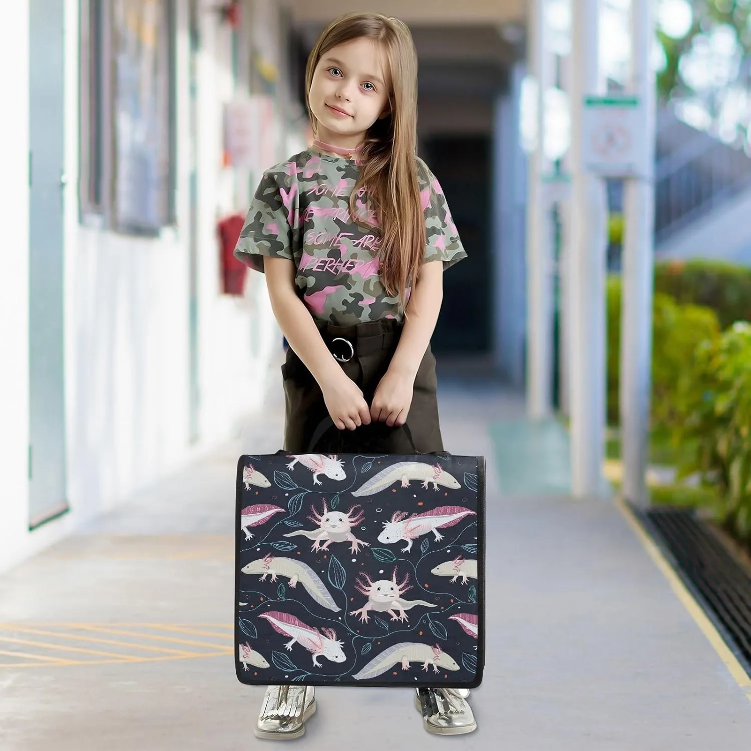 Portfolio & Case 3 Ring Binders, Organizer Trapper Keeper 500 Sheets for Office Zipper Shoulder Padfolios Bag Seamless Pink White Swimming Axolotls, Blue Algae Leaves on Dark