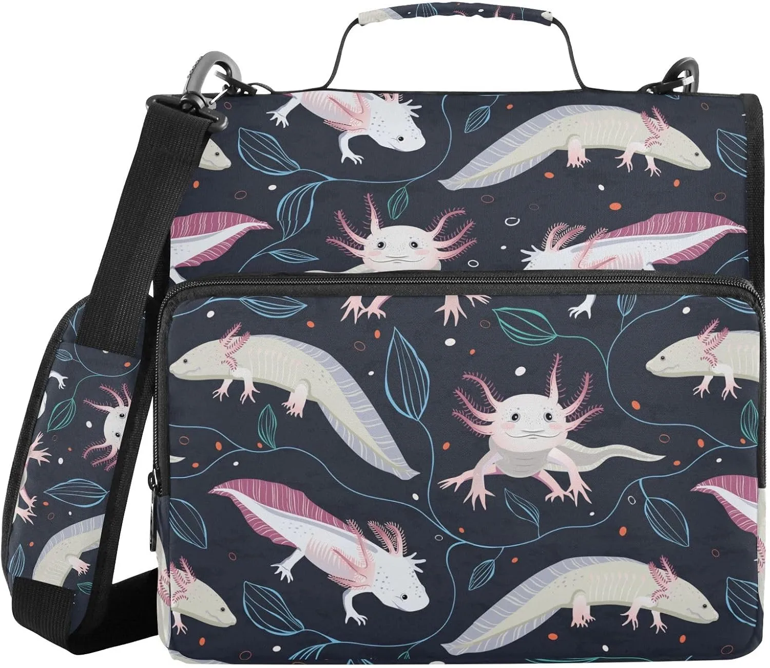 Portfolio & Case 3 Ring Binders, Organizer Trapper Keeper 500 Sheets for Office Zipper Shoulder Padfolios Bag Seamless Pink White Swimming Axolotls, Blue Algae Leaves on Dark