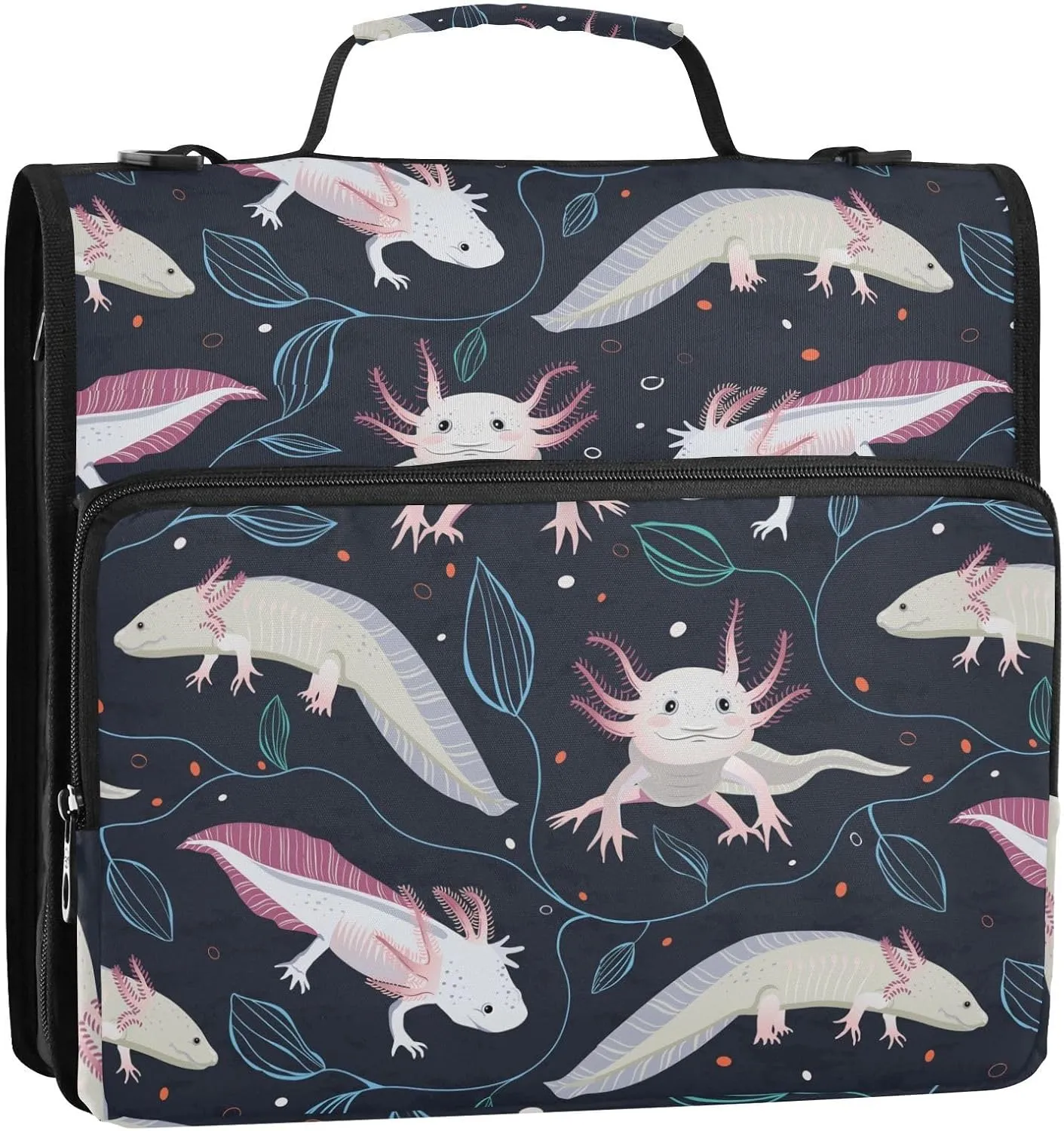 Portfolio & Case 3 Ring Binders, Organizer Trapper Keeper 500 Sheets for Office Zipper Shoulder Padfolios Bag Seamless Pink White Swimming Axolotls, Blue Algae Leaves on Dark