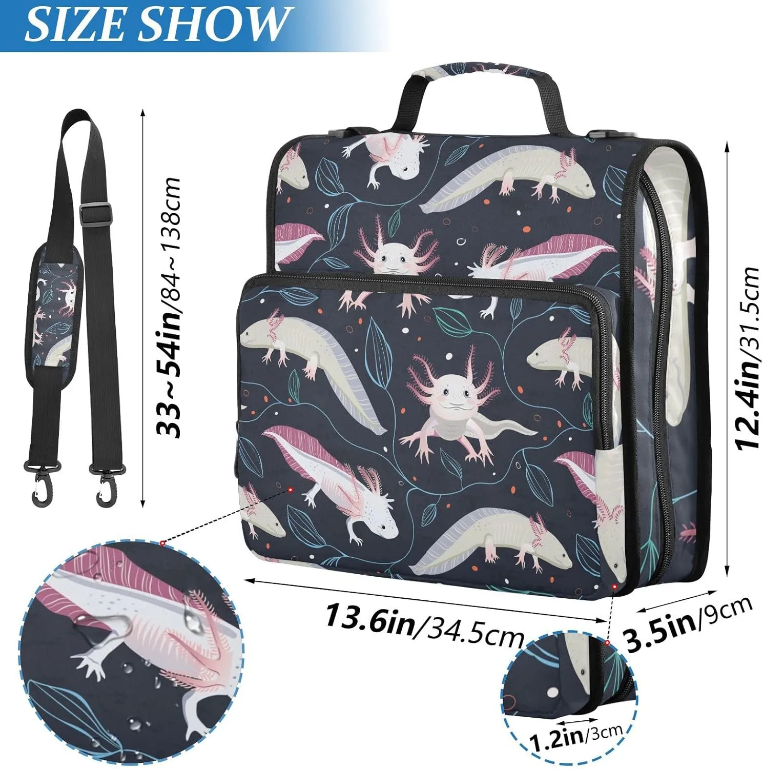 Portfolio & Case 3 Ring Binders, Organizer Trapper Keeper 500 Sheets for Office Zipper Shoulder Padfolios Bag Seamless Pink White Swimming Axolotls, Blue Algae Leaves on Dark