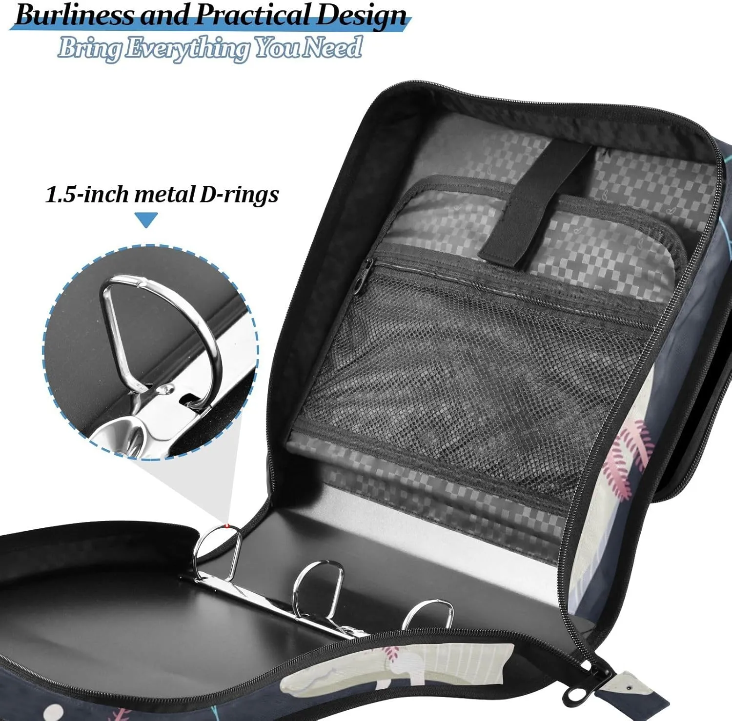 Portfolio & Case 3 Ring Binders, Organizer Trapper Keeper 500 Sheets for Office Zipper Shoulder Padfolios Bag Seamless Pink White Swimming Axolotls, Blue Algae Leaves on Dark