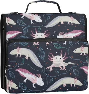 Portfolio & Case 3 Ring Binders, Organizer Trapper Keeper 500 Sheets for Office Zipper Shoulder Padfolios Bag Seamless Pink White Swimming Axolotls, Blue Algae Leaves on Dark