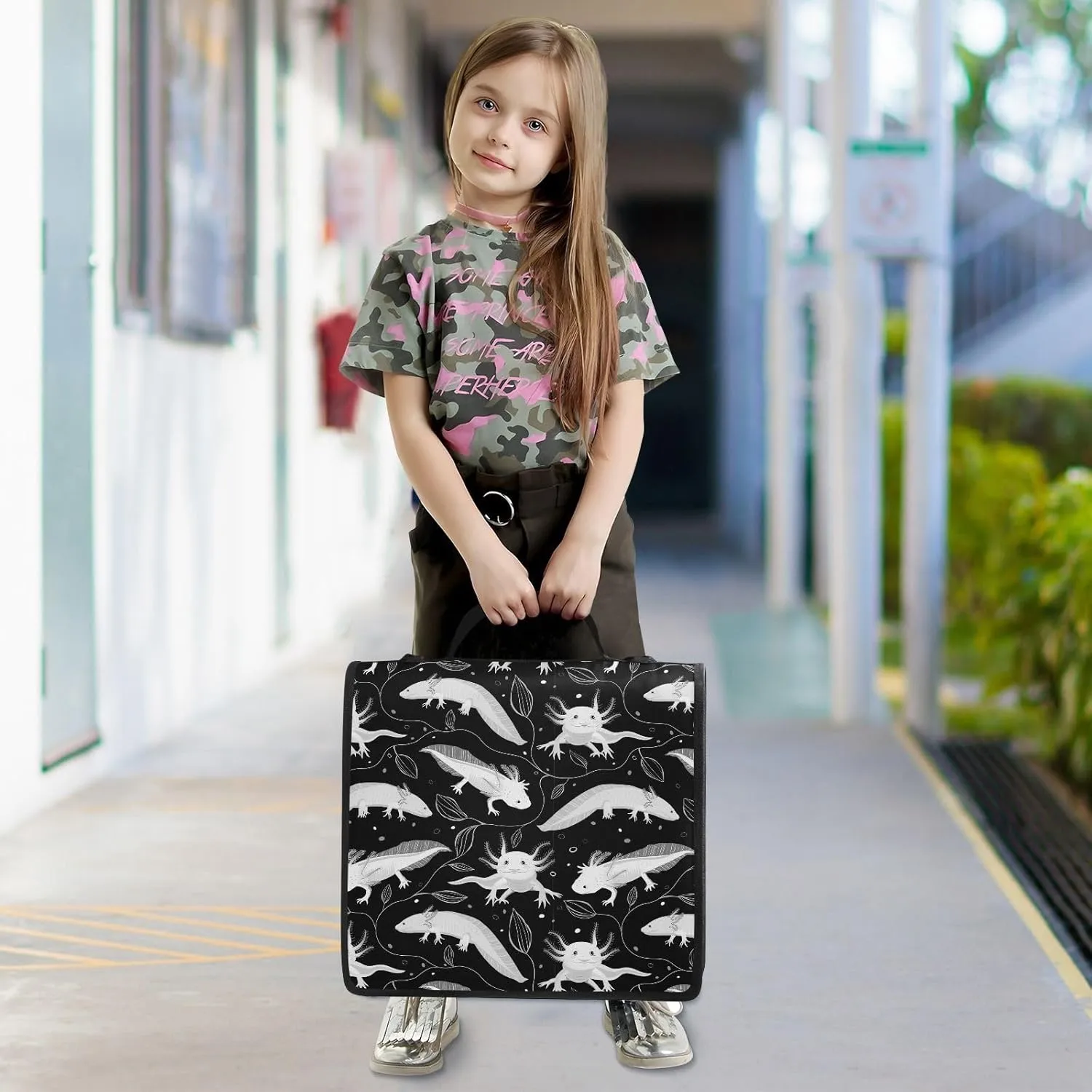 Portfolio & Case 3 Ring Binders, Organizer Trapper Keeper 500 Sheets for Office Zipper Shoulder Padfolios Bag Seamless White Swimming Axolotls, Algae Leaves on Dark