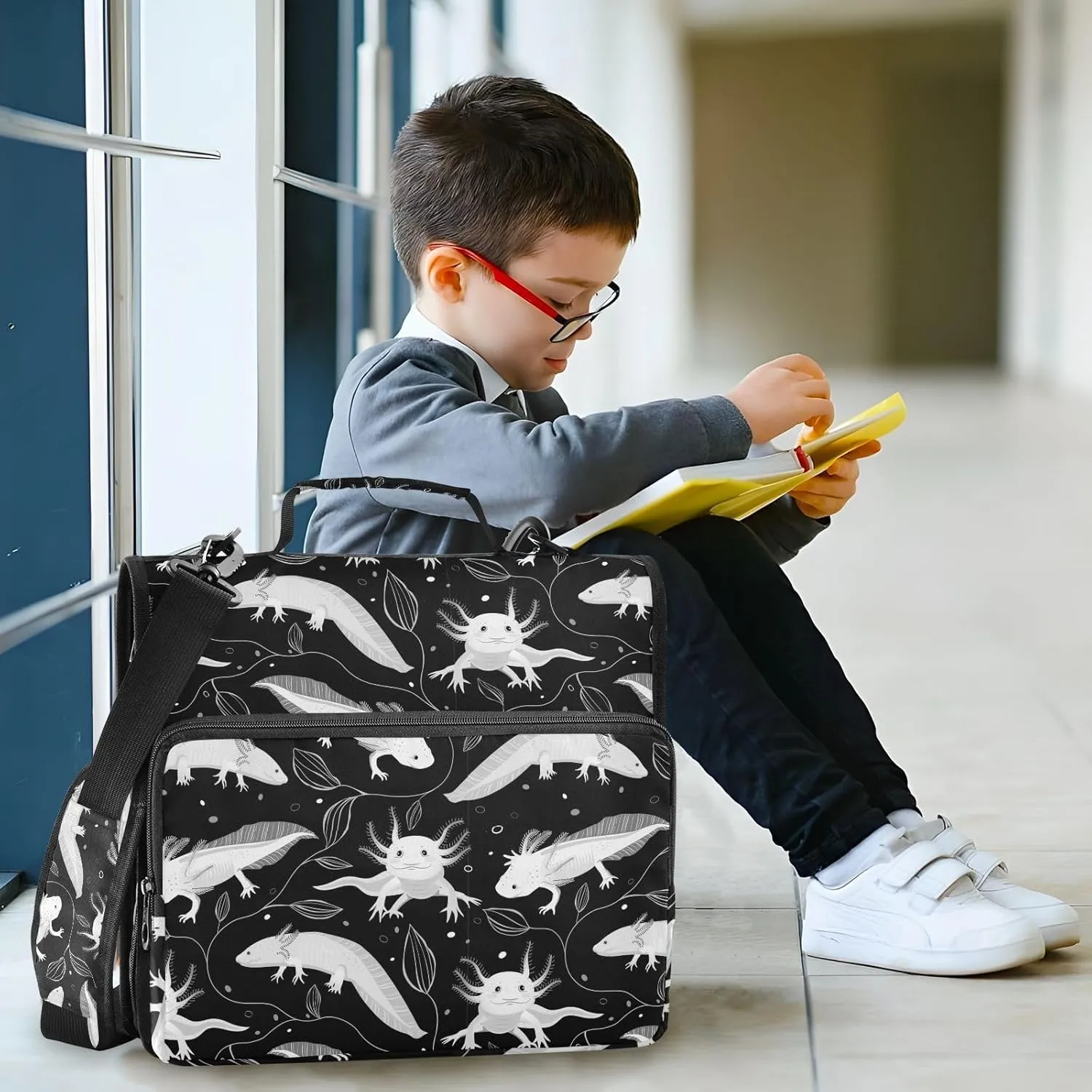 Portfolio & Case 3 Ring Binders, Organizer Trapper Keeper 500 Sheets for Office Zipper Shoulder Padfolios Bag Seamless White Swimming Axolotls, Algae Leaves on Dark