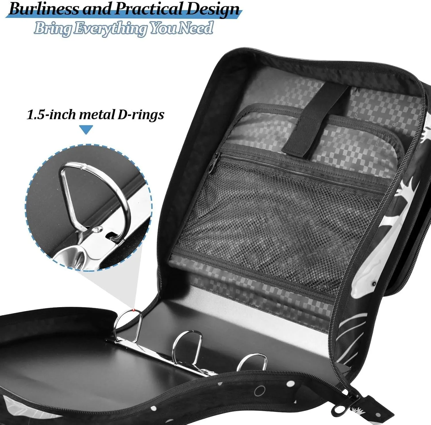 Portfolio & Case 3 Ring Binders, Organizer Trapper Keeper 500 Sheets for Office Zipper Shoulder Padfolios Bag Seamless White Swimming Axolotls, Algae Leaves on Dark