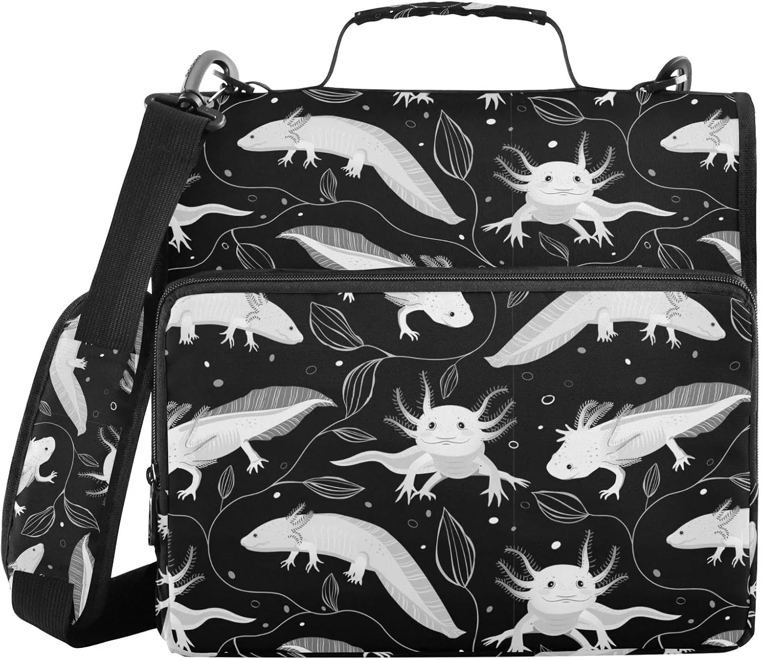 Portfolio & Case 3 Ring Binders, Organizer Trapper Keeper 500 Sheets for Office Zipper Shoulder Padfolios Bag Seamless White Swimming Axolotls, Algae Leaves on Dark