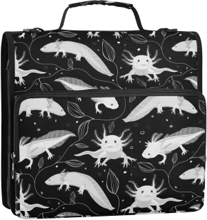 Portfolio & Case 3 Ring Binders, Organizer Trapper Keeper 500 Sheets for Office Zipper Shoulder Padfolios Bag Seamless White Swimming Axolotls, Algae Leaves on Dark