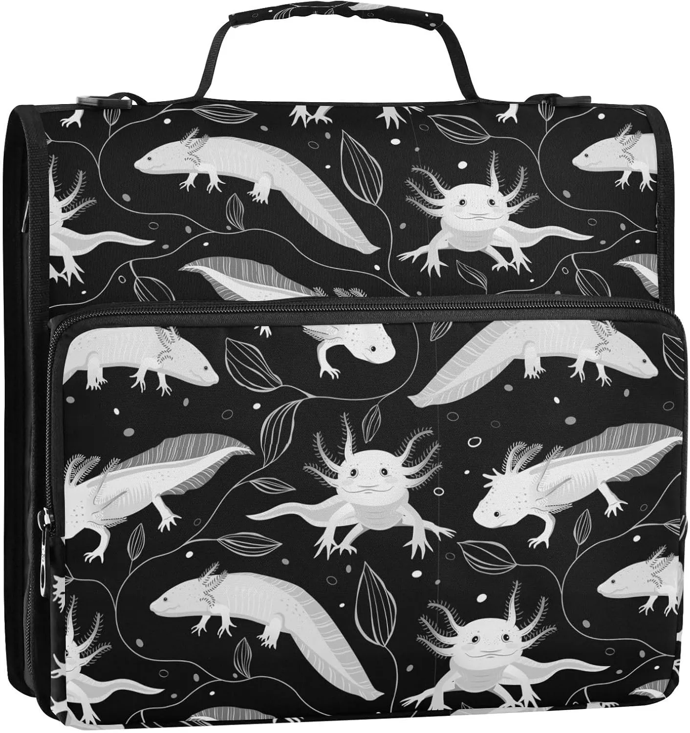 Portfolio & Case 3 Ring Binders, Organizer Trapper Keeper 500 Sheets for Office Zipper Shoulder Padfolios Bag Seamless White Swimming Axolotls, Algae Leaves on Dark