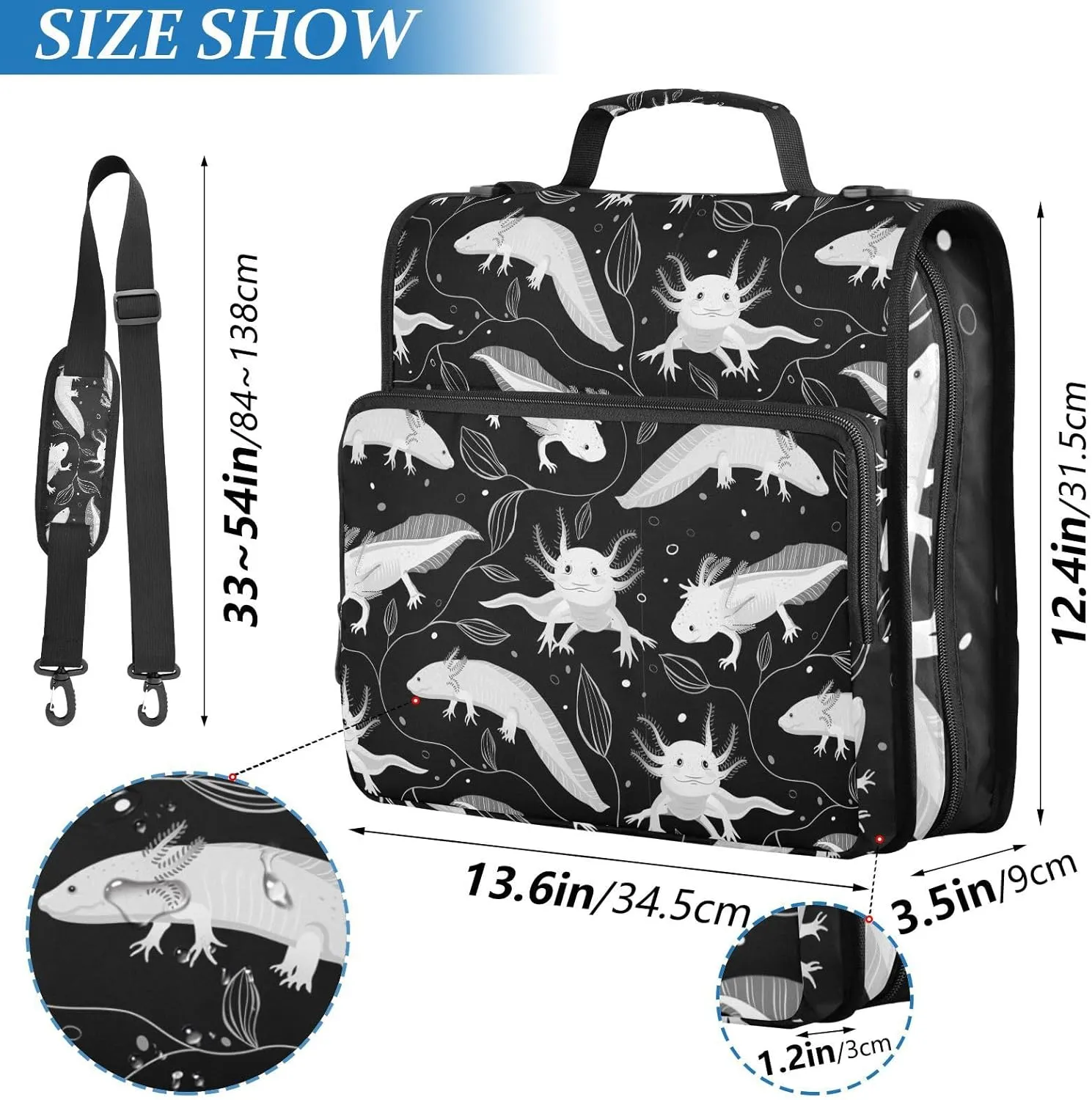Portfolio & Case 3 Ring Binders, Organizer Trapper Keeper 500 Sheets for Office Zipper Shoulder Padfolios Bag Seamless White Swimming Axolotls, Algae Leaves on Dark