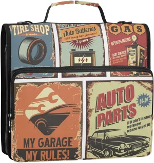 Portfolio & Case 3 Ring Binders, Organizer Trapper Keeper 500 Sheets for Office Zipper Shoulder Padfolios Bag Vintage Rusty Car Service Tin Signs Posters
