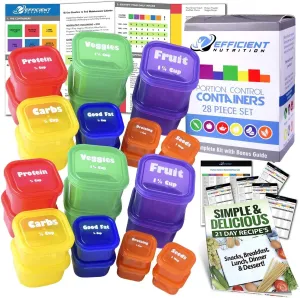 Portion Control Containers DELUXE Kit (28-Piece) with COMPLETE GUIDE   21 DAY PLANNER   RECIPE eBOOK BPA FREE Color Coded Meal Prep System for Diet and Weight Loss