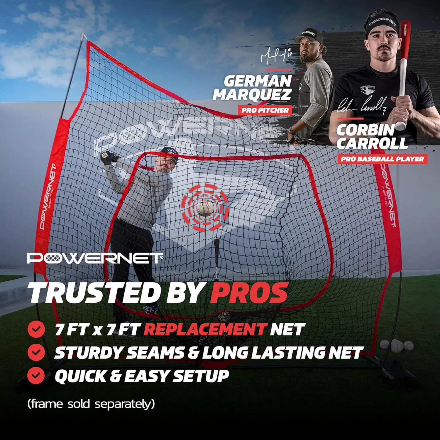 PowerNet 7x7 FT Baseball & Softball Net Replacement Parts, Replace 7x7 FT Frame, Net Only or Carry Bag, Metal Frame and Fiberglass Poles, Durable Nets & Bags Available in Team Colors