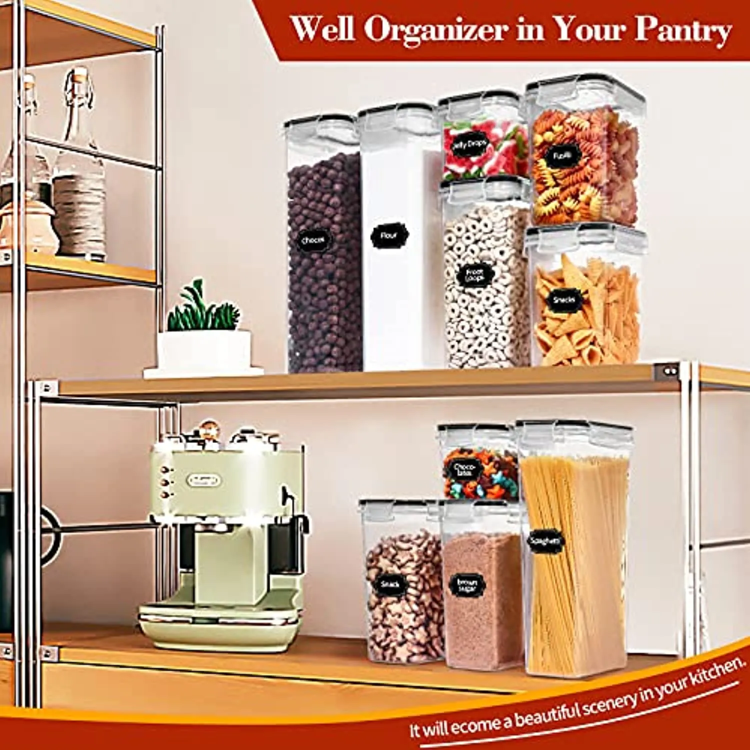 PRAKI  Airtight Food Storage Container Set - 13 PCS, Kitchen & Pantry Organization, BPA Free - PRAKI Plastic Dry Food Containers with Lids, Ideal for Cereal, Flour, Sugar - Labels & Maker, Black