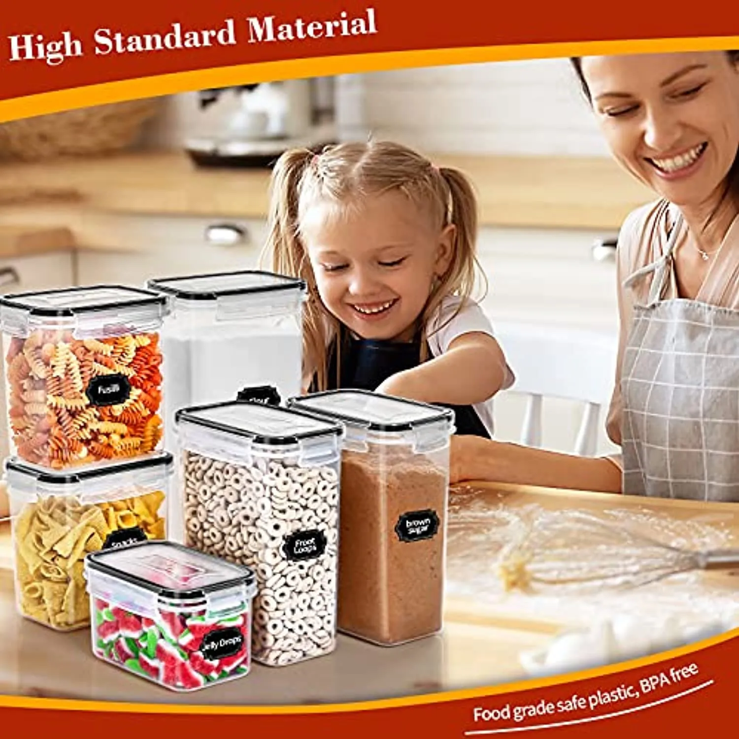 PRAKI  Airtight Food Storage Container Set - 13 PCS, Kitchen & Pantry Organization, BPA Free - PRAKI Plastic Dry Food Containers with Lids, Ideal for Cereal, Flour, Sugar - Labels & Maker, Black