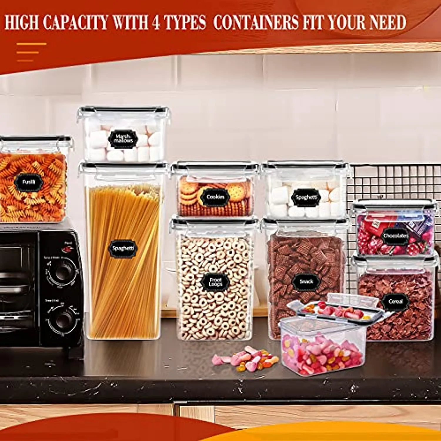 PRAKI  Airtight Food Storage Container Set - 13 PCS, Kitchen & Pantry Organization, BPA Free - PRAKI Plastic Dry Food Containers with Lids, Ideal for Cereal, Flour, Sugar - Labels & Maker, Black