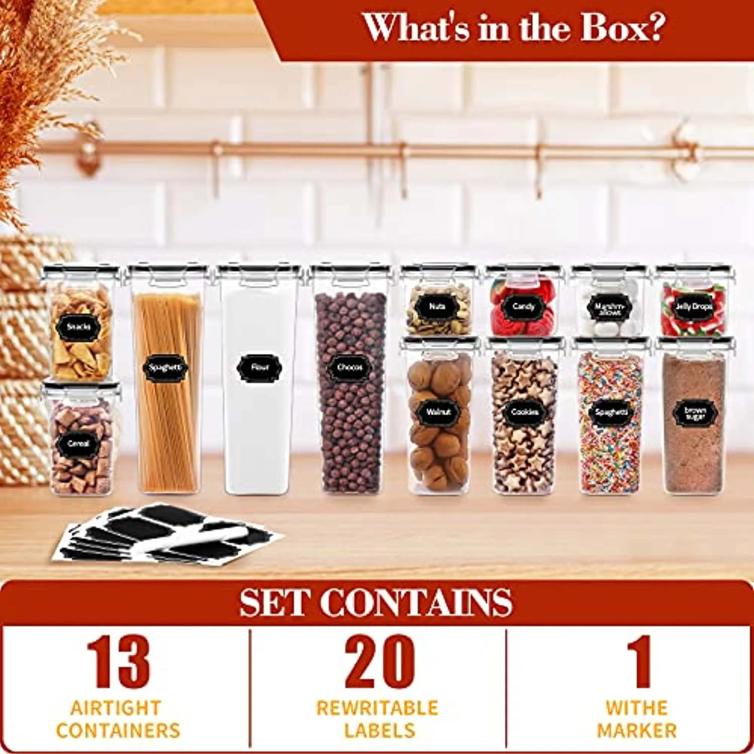PRAKI  Airtight Food Storage Container Set - 13 PCS, Kitchen & Pantry Organization, BPA Free - PRAKI Plastic Dry Food Containers with Lids, Ideal for Cereal, Flour, Sugar - Labels & Maker, Black