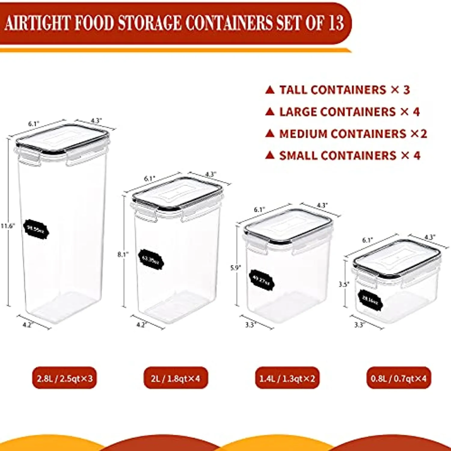 PRAKI  Airtight Food Storage Container Set - 13 PCS, Kitchen & Pantry Organization, BPA Free - PRAKI Plastic Dry Food Containers with Lids, Ideal for Cereal, Flour, Sugar - Labels & Maker, Black