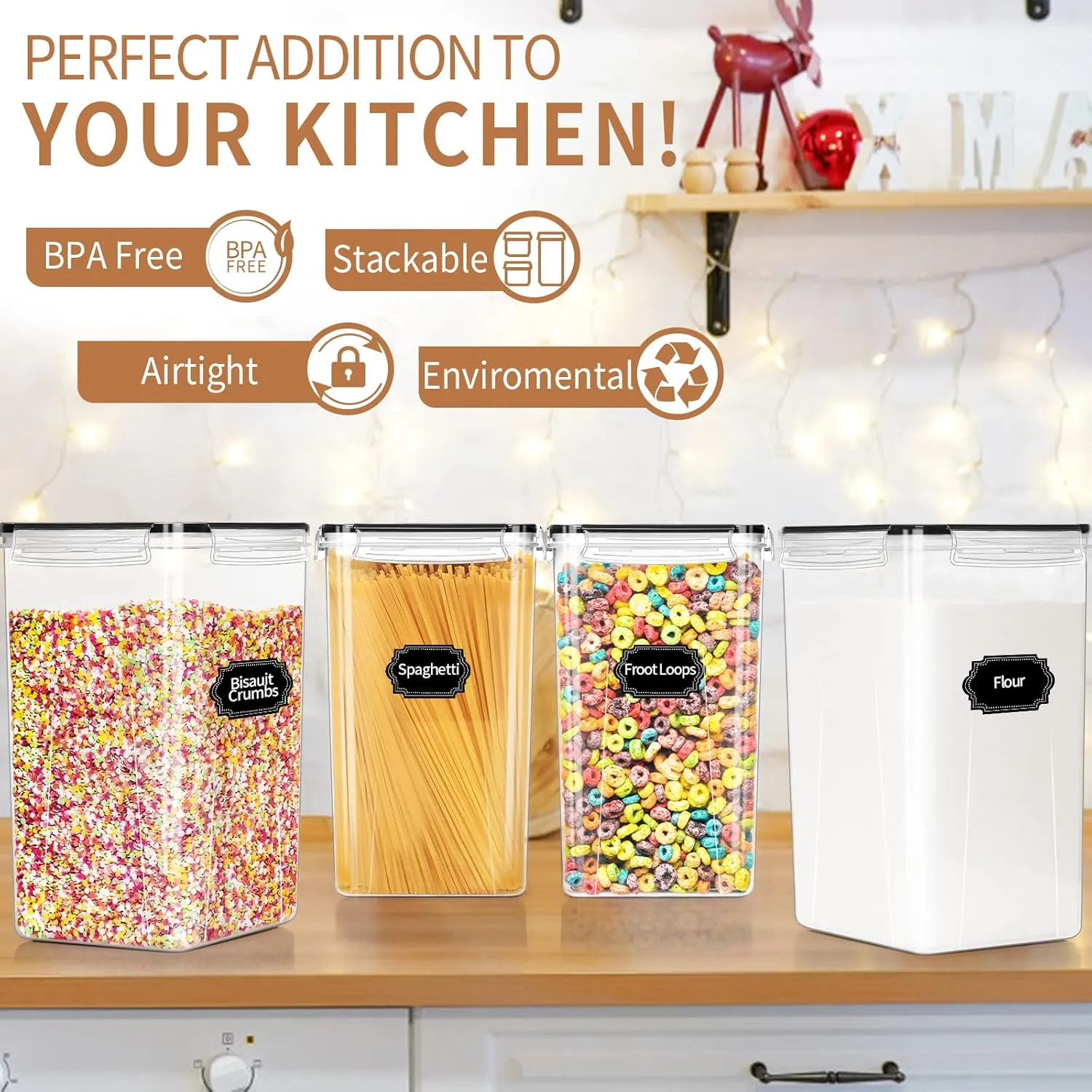 PRAKI Extra Large Tall Airtight Food Storage Containers 6.5L / 220oz, BPA Free, 4pcs Pantry Kitchen Organizers and Storage for Flour, Sugar, Plastic Flour Container with 20 Labels & Maker