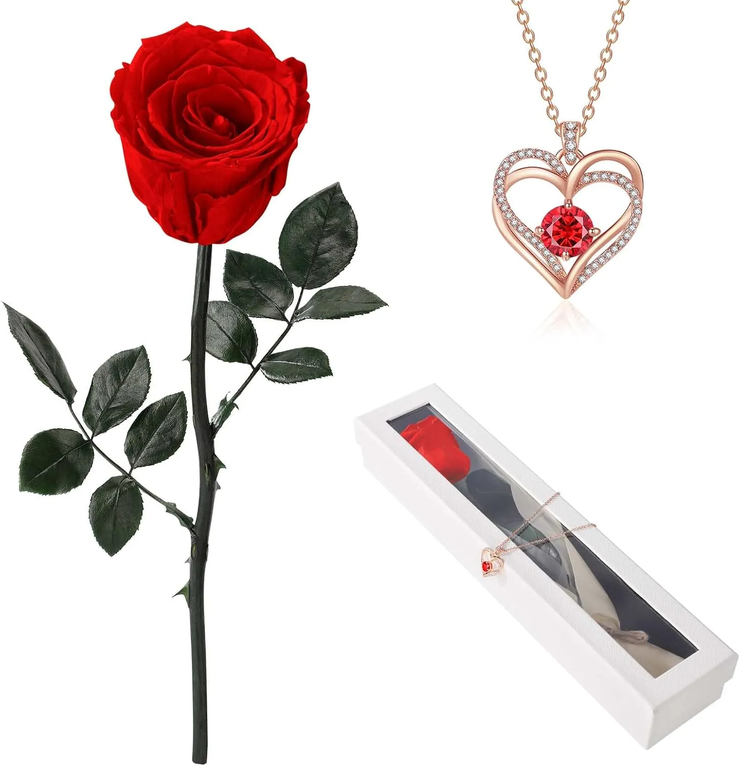 Preserved Rose Flower with Necklace, Real Flowers for Delivery Prime, Single Eternal Red Rose Flower Gifts for Women, Birthday, Anniversary Valentines Gifts Wife Her Mom (Red)