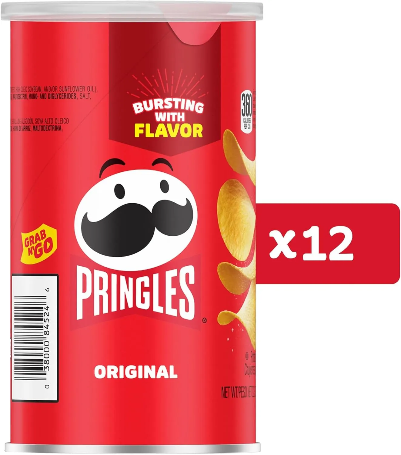 Pringles Potato Crisps Chips, Lunch Snacks, Office and Kids Snacks, Grab N' Go, Original (12 Cans) (Pack of 2)